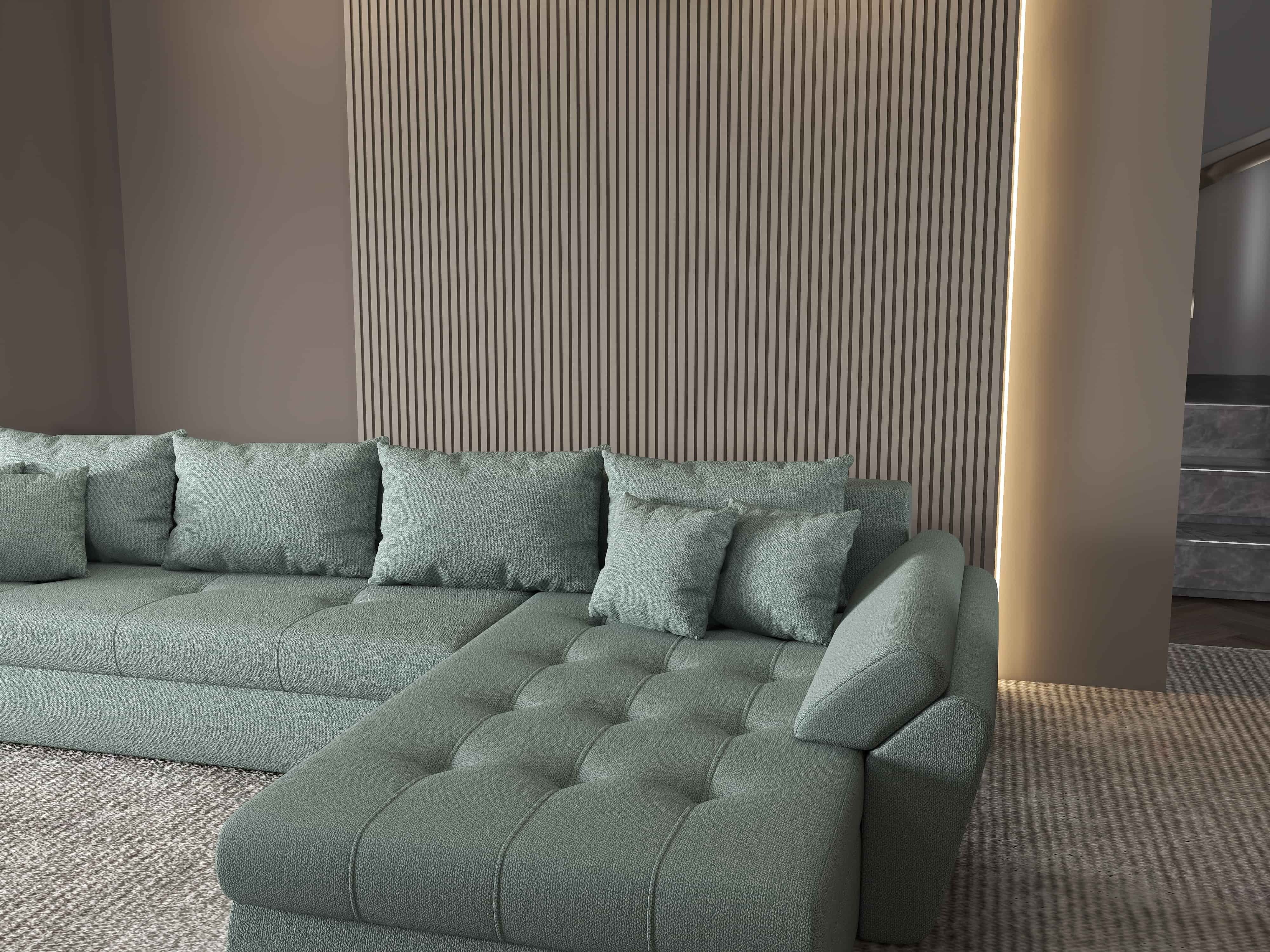 Colțar extensibil dumonde cu ladă de depozitare si sezut confortabil din spuma HR, Loana XL Enjoy Mint II 335x185 cm Fabrica