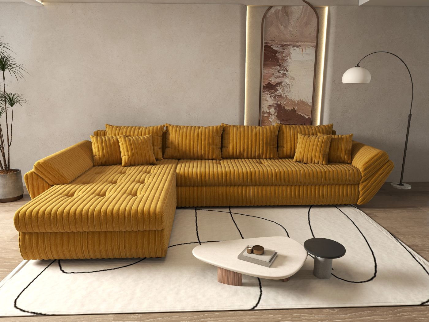 Colțar extensibil dumonde cu ladă de depozitare si sezut confortabil din spuma HR, Loana XL Ambience Mustar 335x185 cm Fabrica