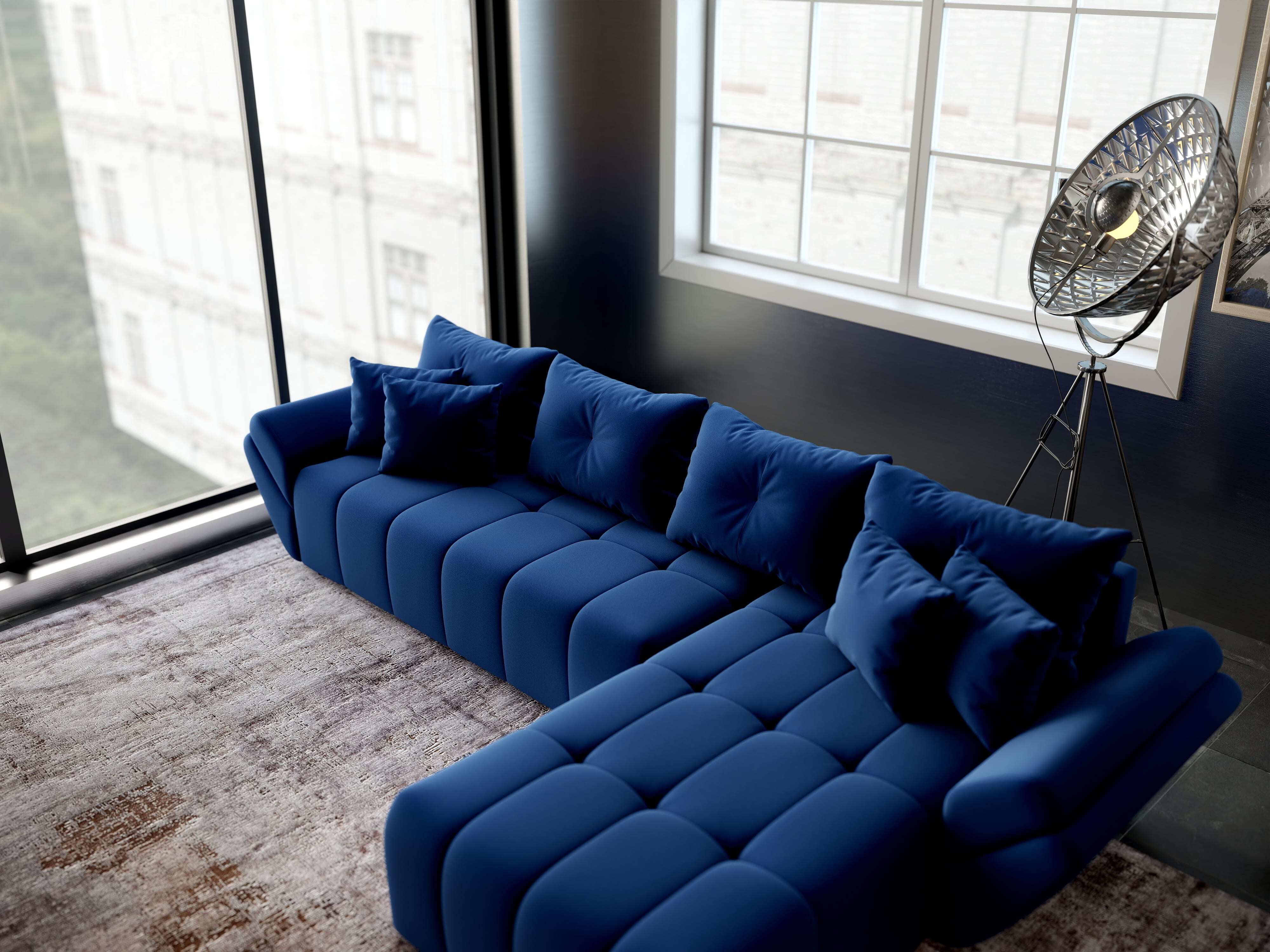 Colțar extensibil dumonde cu ladă de depozitare si sezut confortabil din spuma HR, Berlin XL Royal Albastru 350x185 cm II Fabrica