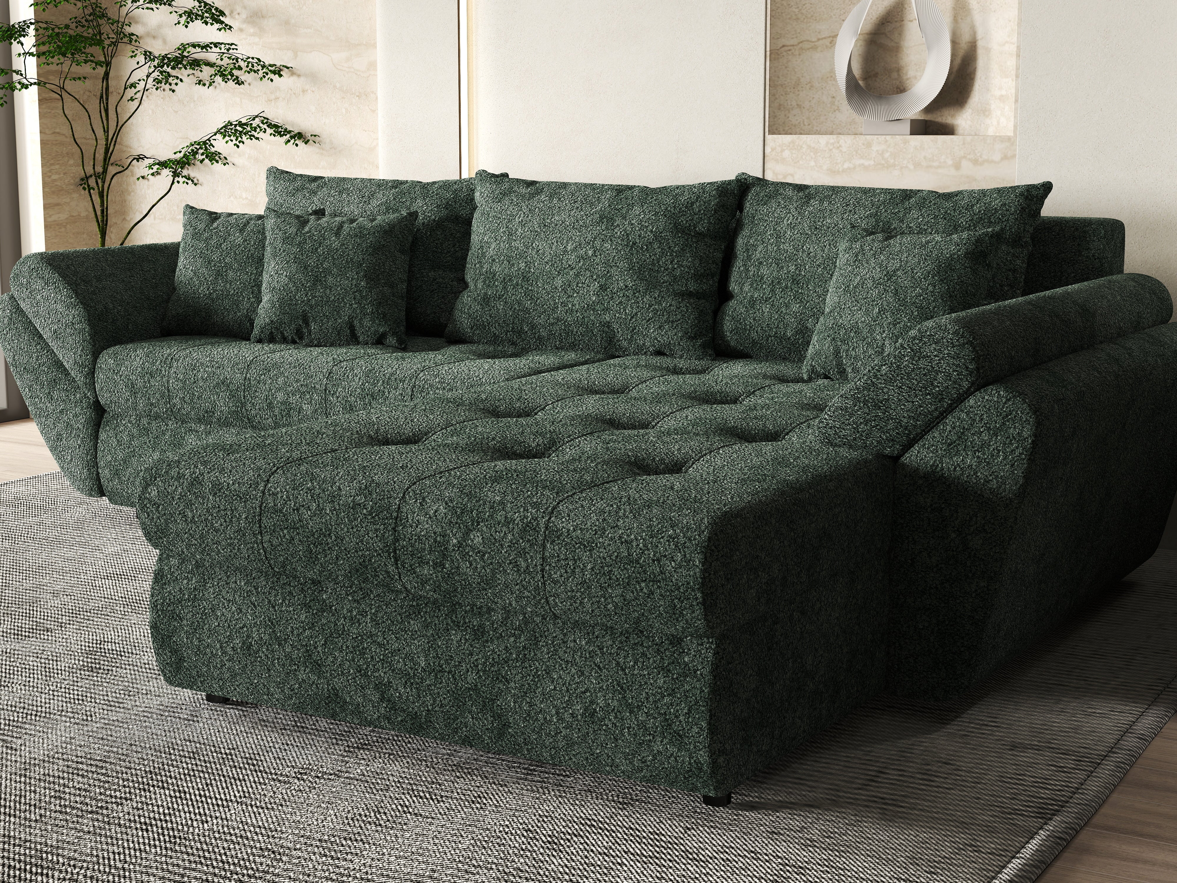 Colțar extensibil dumonde cu ladă de depozitare si sezut confortabil din spuma HR, Loana Euphoria Green II 270x185 cm Fabrica