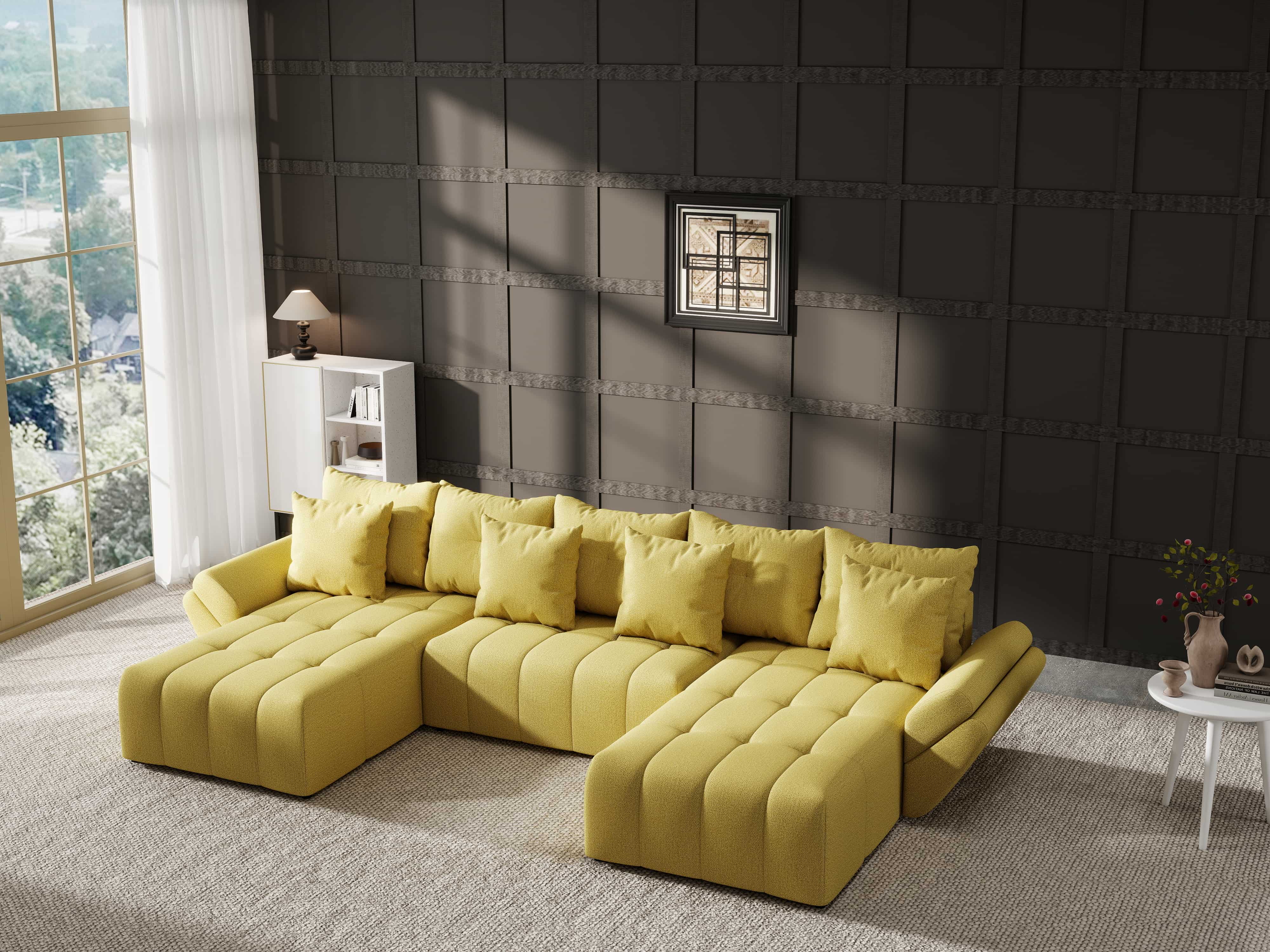 Colțar extensibil dumonde cu ladă de depozitare si sezut confortabil din spuma HR, Berlin U Enjoy Melon 380x180 cm Fabrica