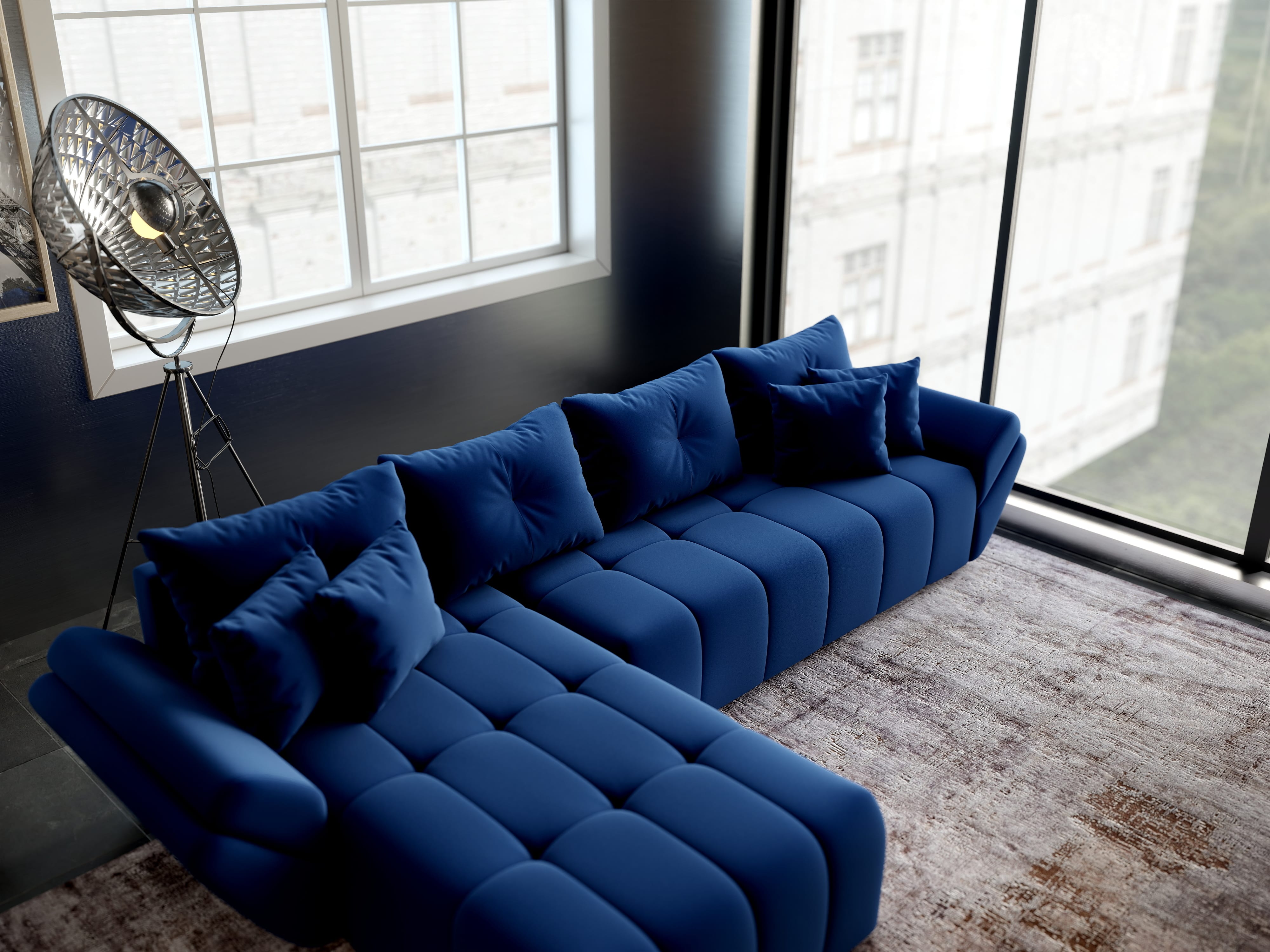 Colțar extensibil dumonde cu ladă de depozitare si sezut confortabil din spuma HR, Berlin XL Royal Albastru 350x185 cm Fabrica