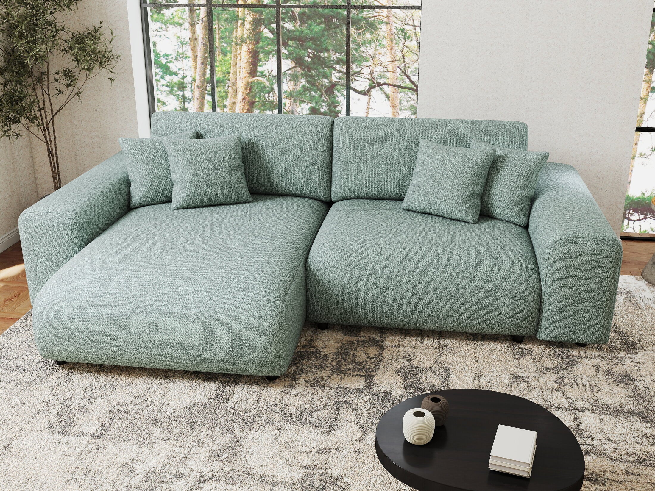 Colțar extensibil dumonde cu ladă de depozitare si sezut confortabil din spuma HR, Sarina Enjoy Verde Mint 255x168 cm