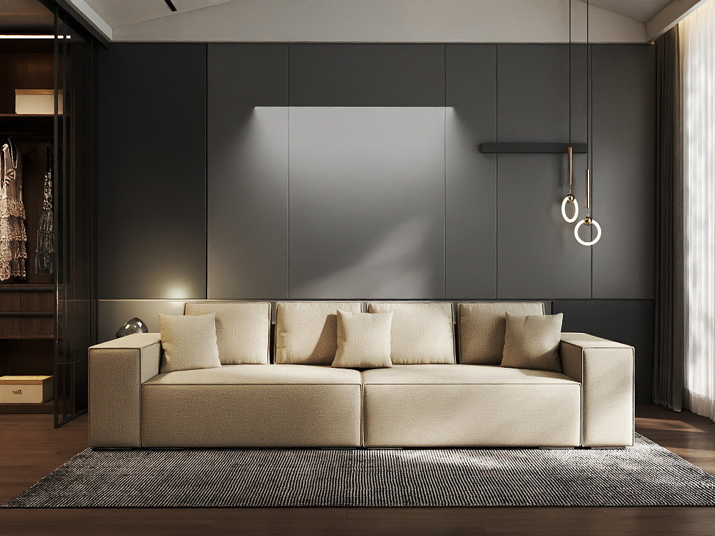 Canapea extensibilă dumonde cu ladă de depozitare si sezut confortabil din spuma HR, Dream Enjoy Camel 310x100 cm Fabrica