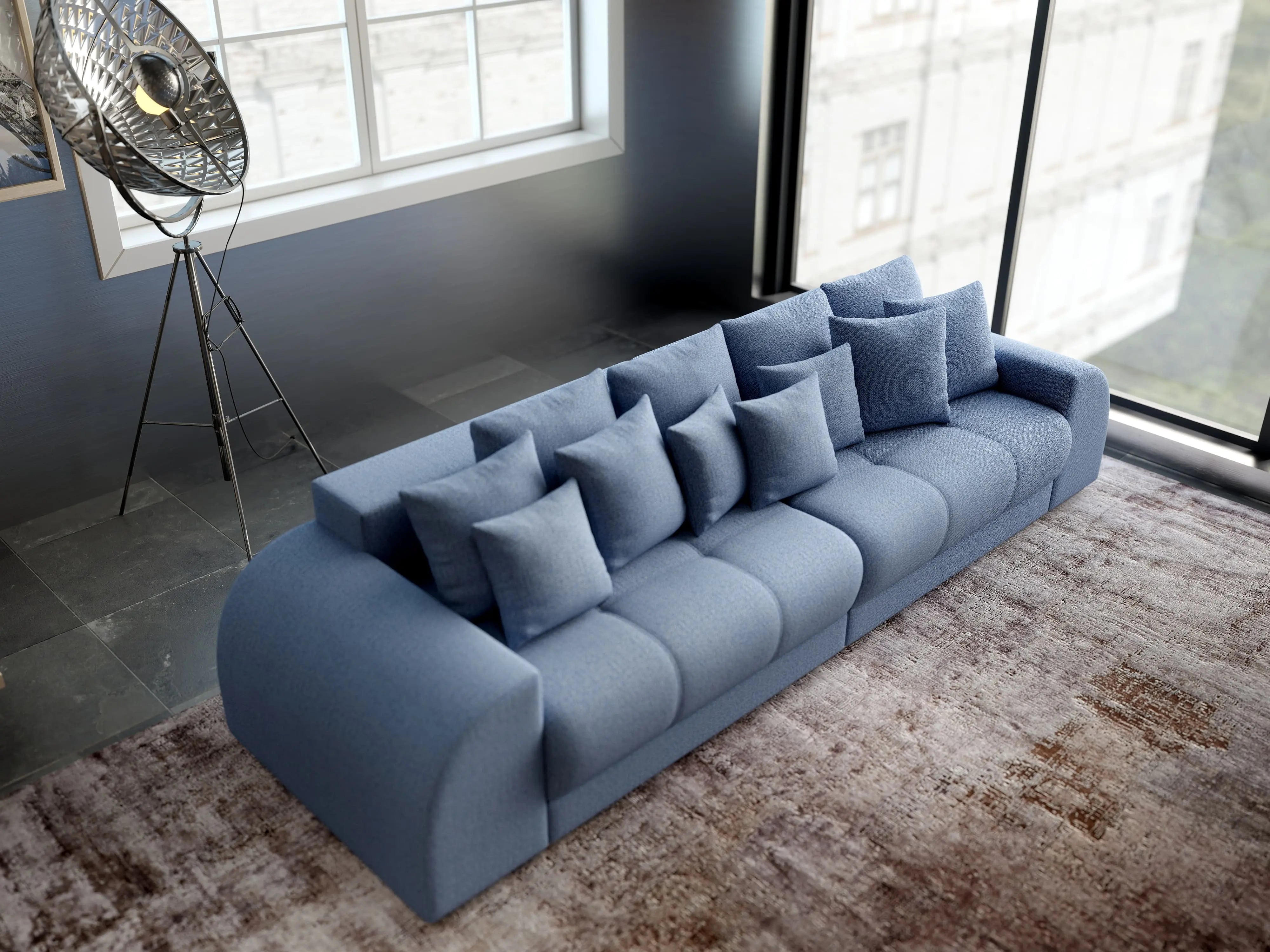 Canapea extensibilă dumonde cu 2 lăzi de depozitare si sezut confortabil din spuma HR, Big Sofa Verona Blue 310x100 cm Fabrica