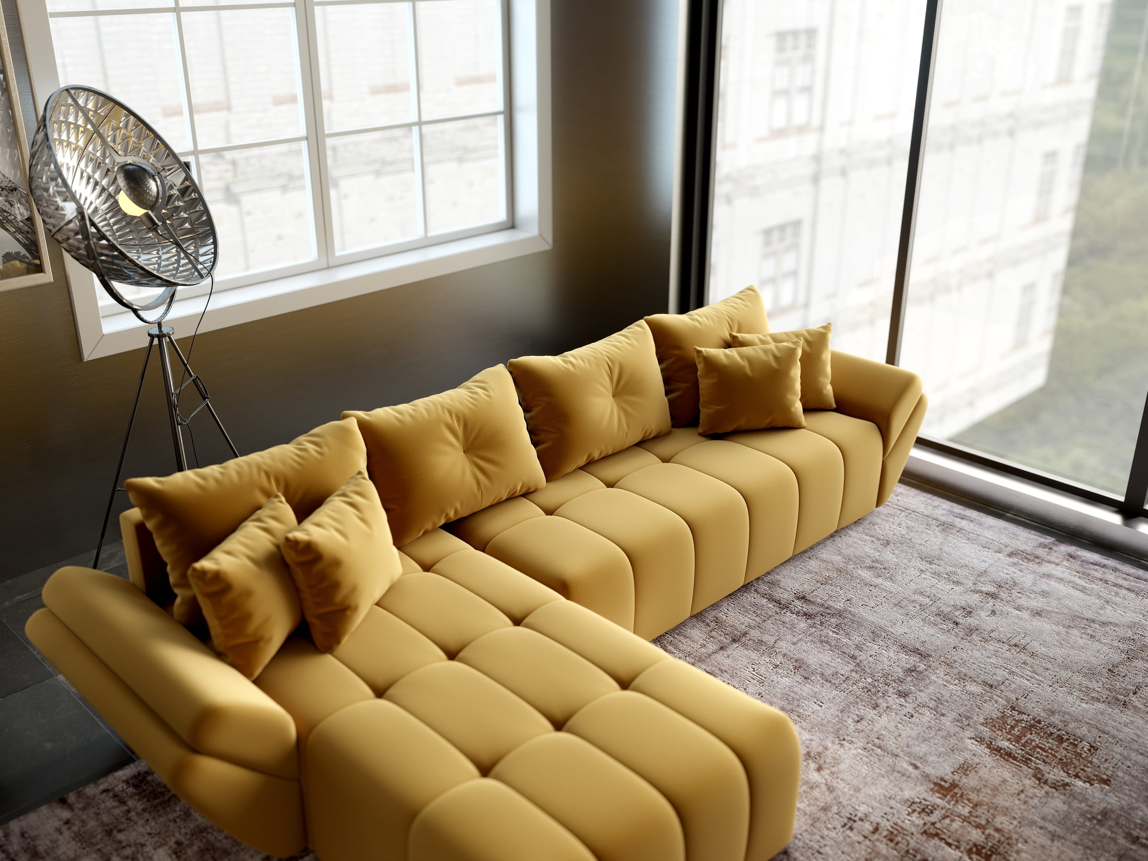 Colțar extensibil dumonde cu ladă de depozitare si sezut confortabil din spuma HR, Berlin XL Royal Mustar 350x185 cm Fabrica