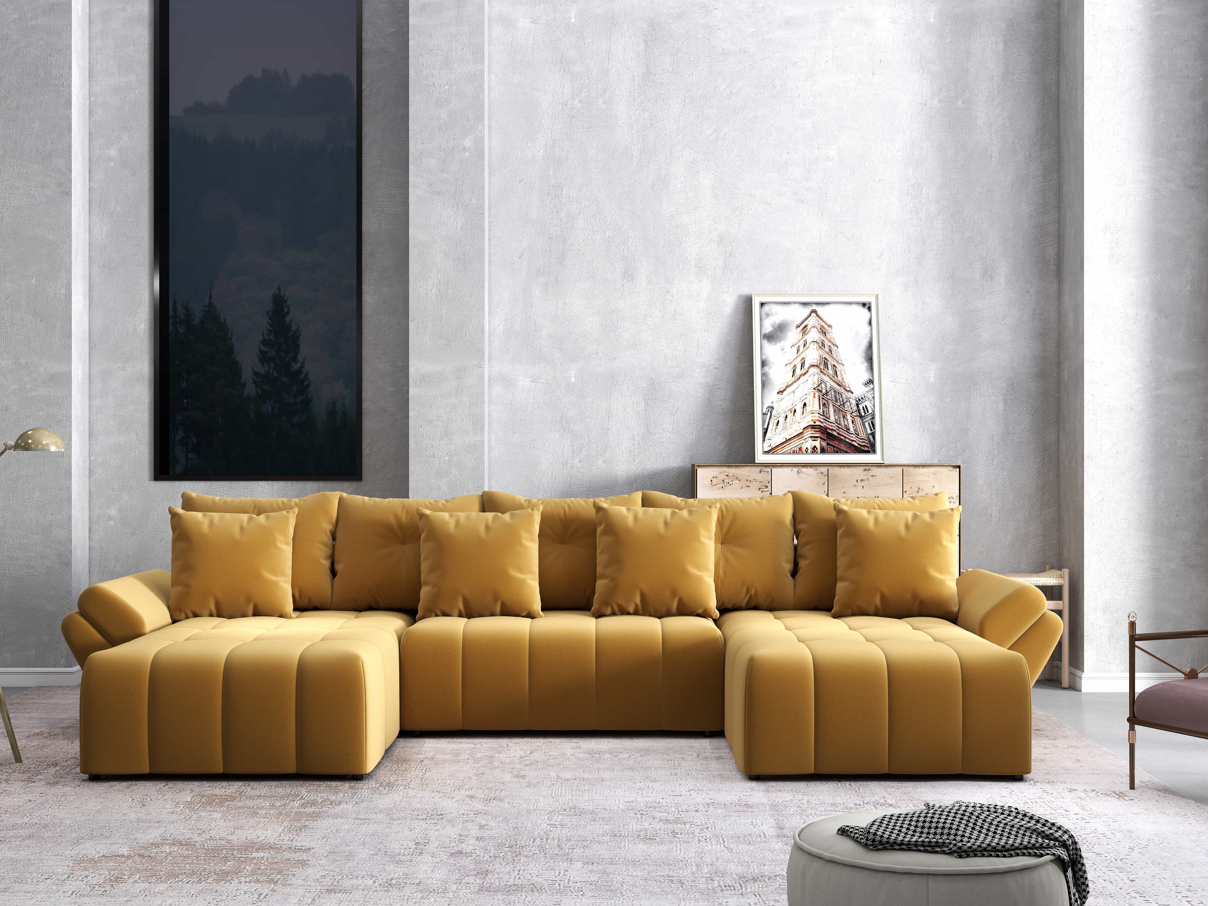 Colțar extensibil dumonde cu ladă de depozitare si sezut confortabil din spuma HR, Berlin U Royal Mustar 380x180 cm Fabrica