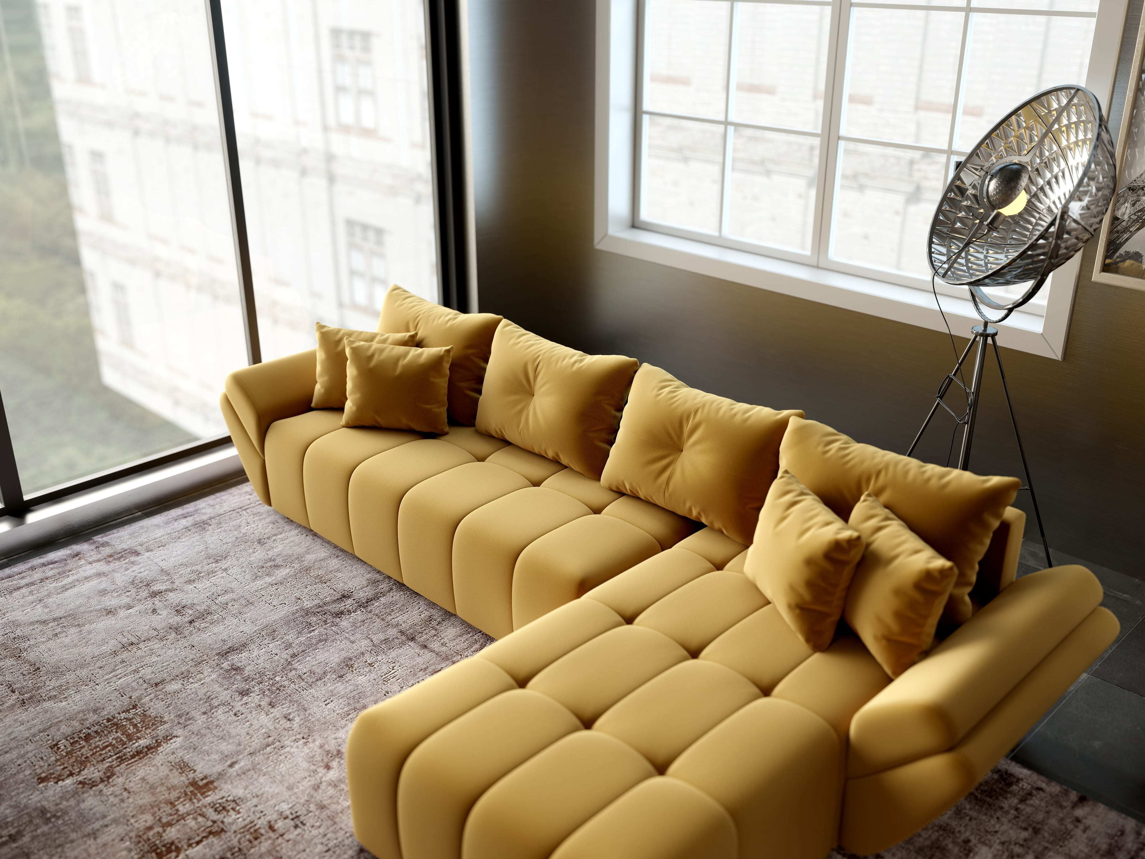 Colțar extensibil dumonde cu ladă de depozitare si sezut confortabil din spuma HR, Berlin XL Royal Mustar 350x185 cm II Fabrica