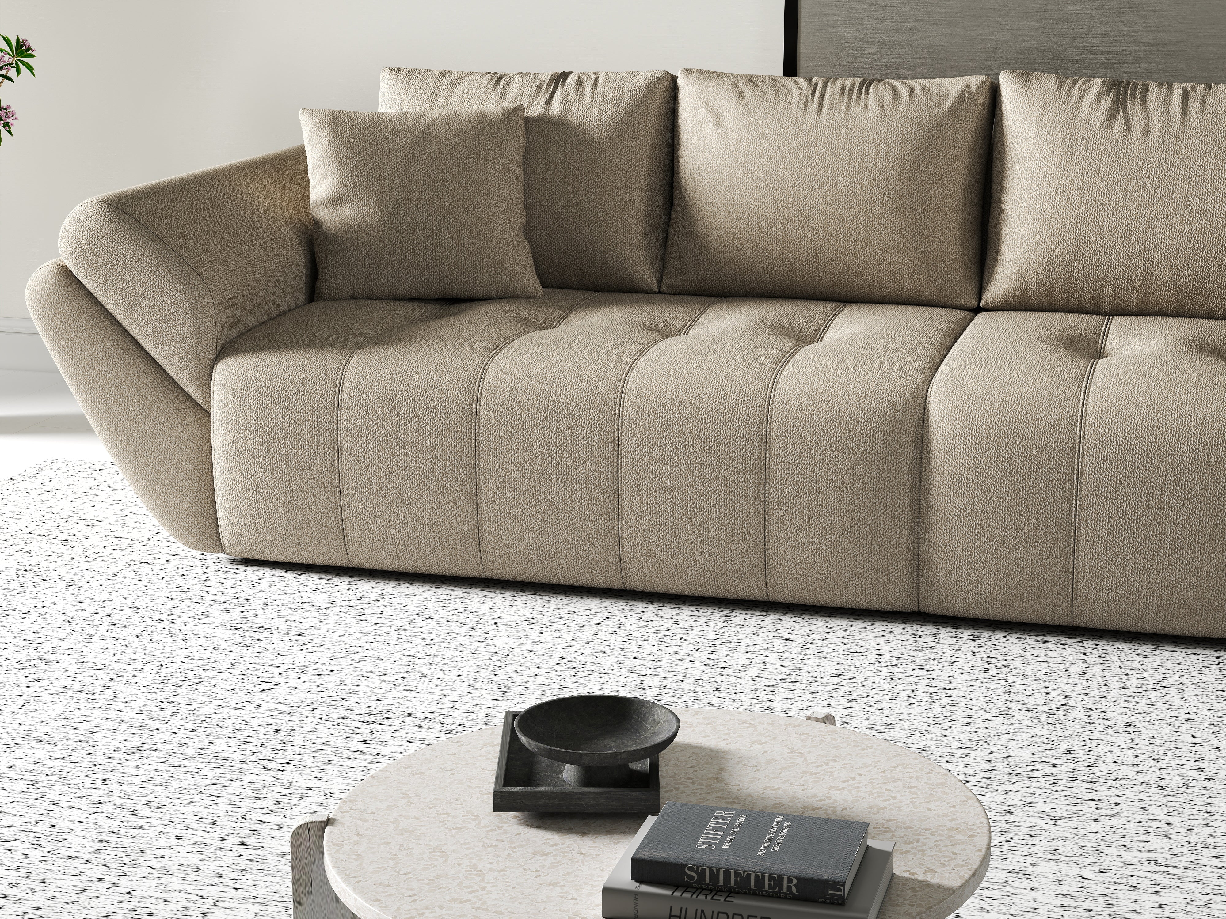 Canapea extensibilă dumonde cu ladă de depozitare si sezut confortabil din spuma HR, Berlin Enjoy Camel 300x100 cm Fabrica