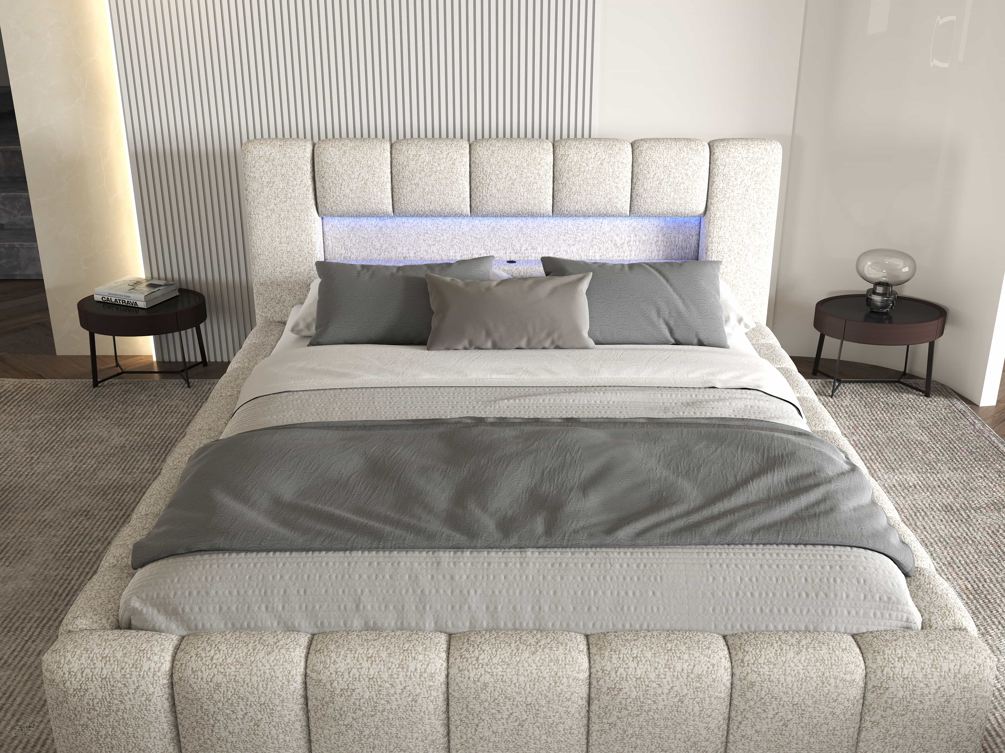 Pat dormitor dumonde, tapitat alb cu LED si USB, Palermo 180x200 cm, somiera rabatabila inclusa, spatiu depozitare WLS