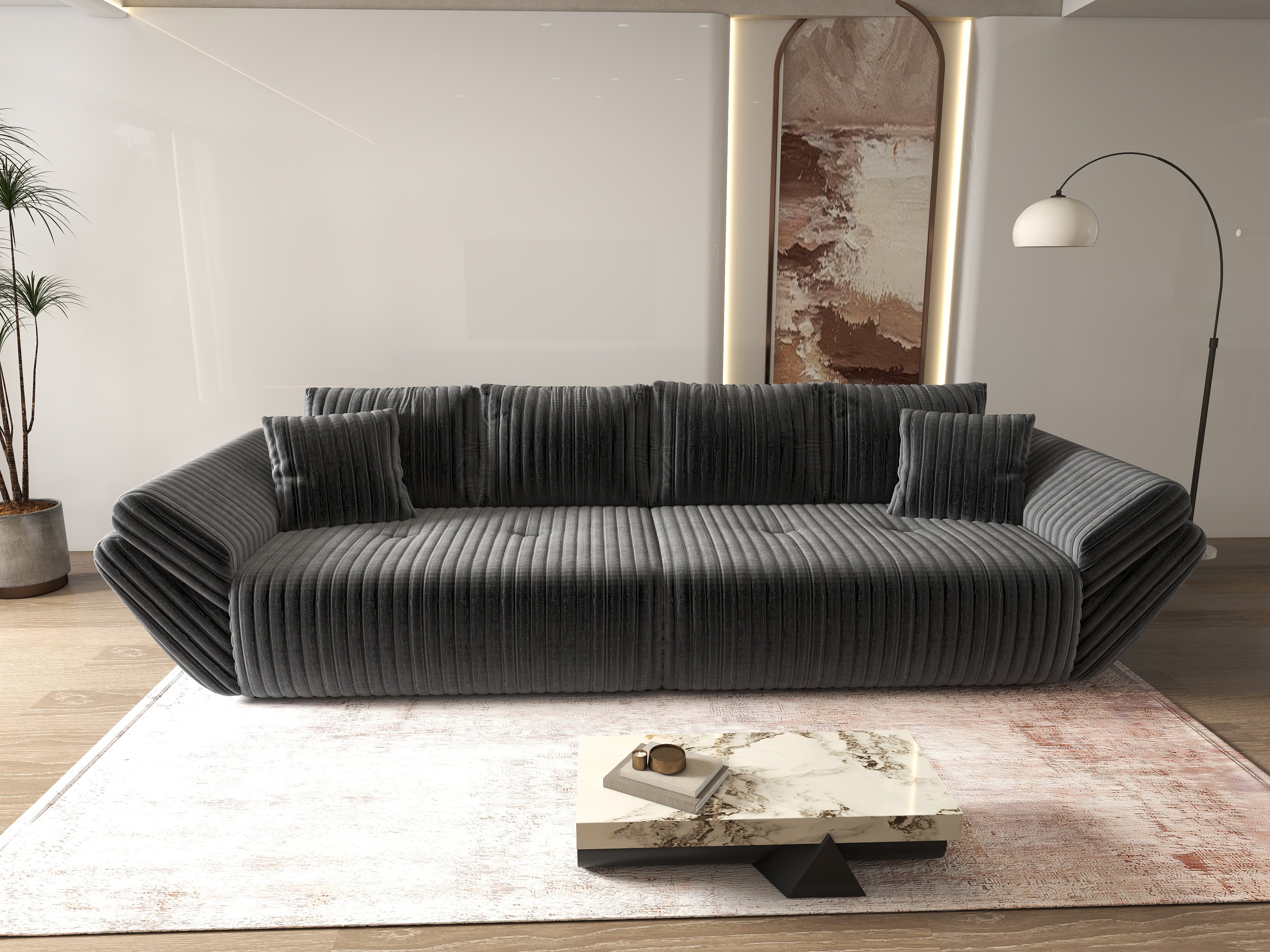 Canapea extensibilă dumonde cu ladă de depozitare si sezut confortabil din spuma HR, Berlin Ambience Grey 300x100 cm Fabrica