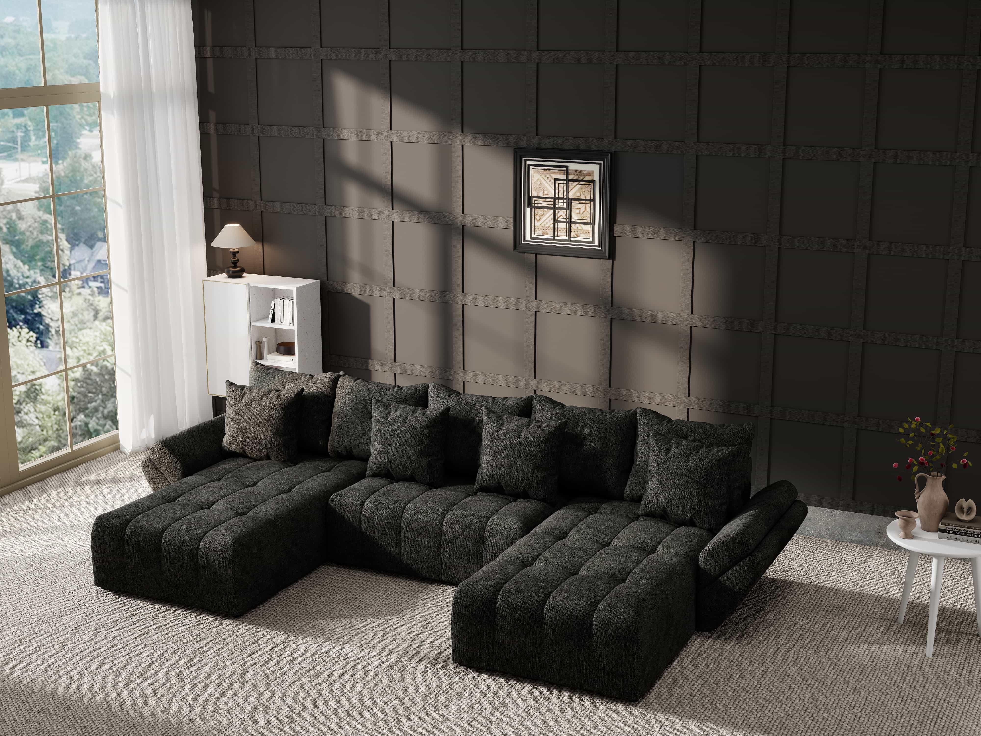 Colțar extensibil dumonde cu ladă de depozitare si sezut confortabil din spuma HR, Berlin U Enjoy Black 380x180 cm Fabrica