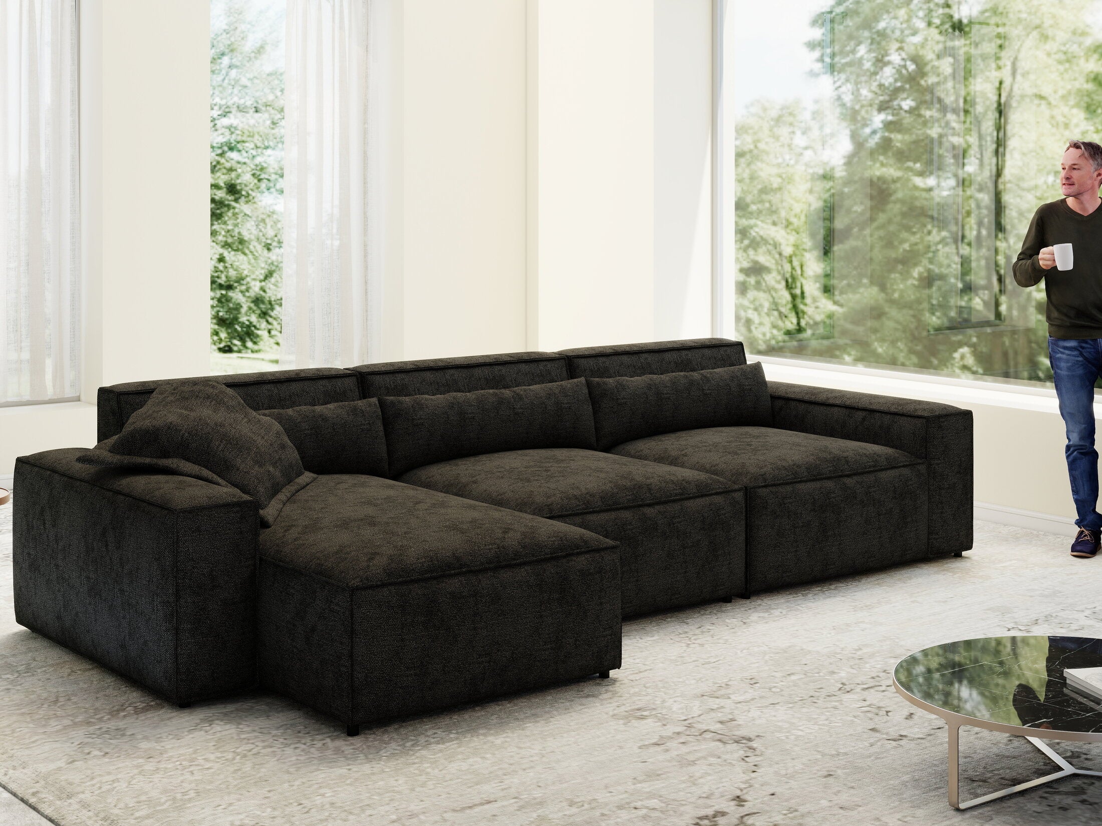 Colțar dumonde cu sezut confortabil din spuma HR, Marvelo XL Enjoy Black 366x175 cm