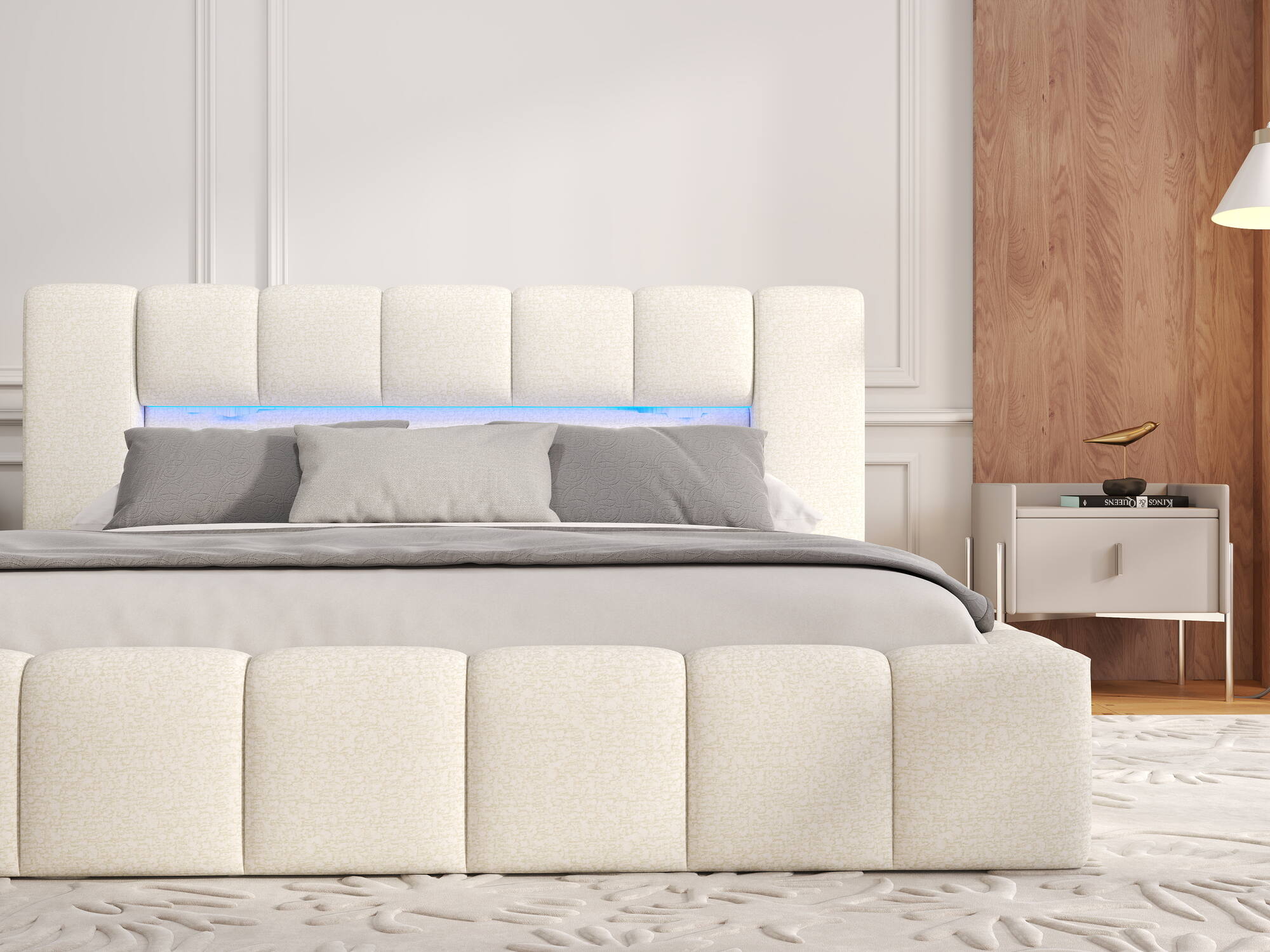 Pat dormitor dumonde, tapitat bej, Palermo 180x200 cm, somiera rabatabila inclusa, spatiu depozitare