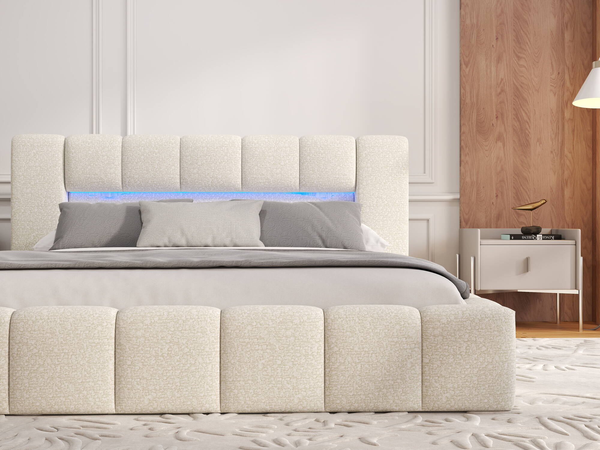 Pat dormitor dumonde, tapitat bej, Palermo 180x200 cm, somiera rabatabila inclusa, spatiu depozitare