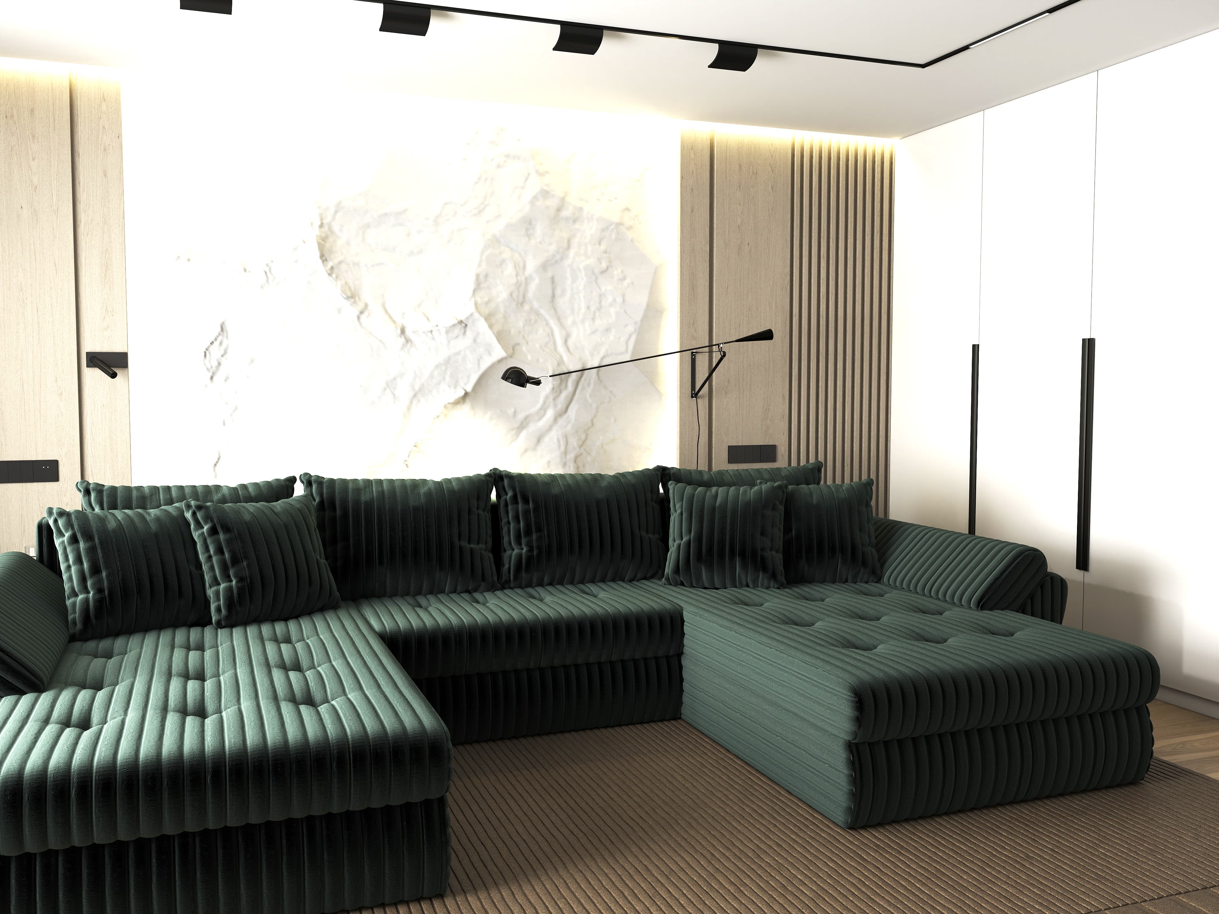 Colțar extensibil dumonde cu ladă de depozitare si sezut confortabil din spuma HR, Loana U Ambience Green 355x185 cm Fabrica