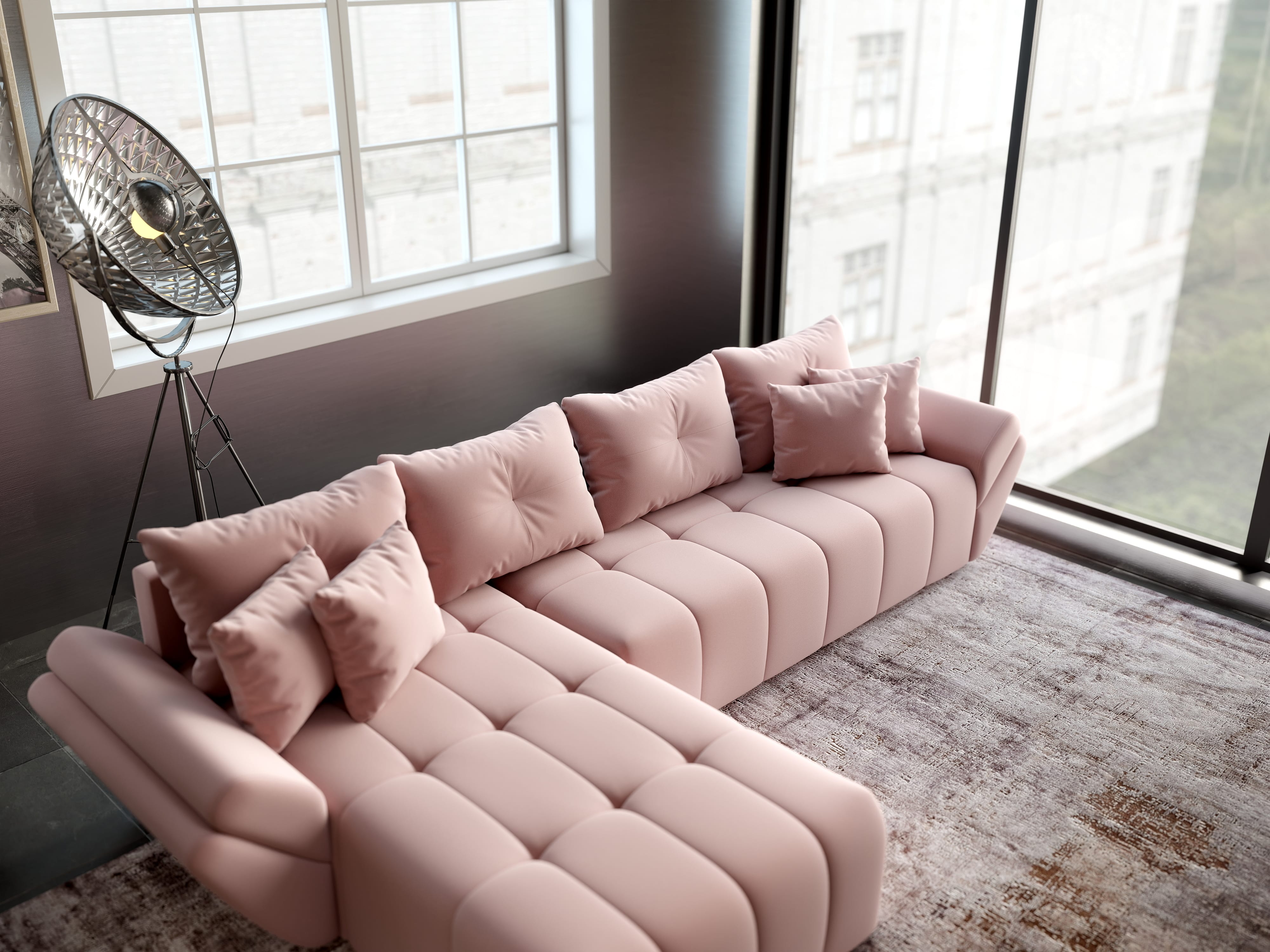 Colțar extensibil dumonde cu ladă de depozitare si sezut confortabil din spuma HR, Berlin XL Royal Roz 350x185 cm Fabrica