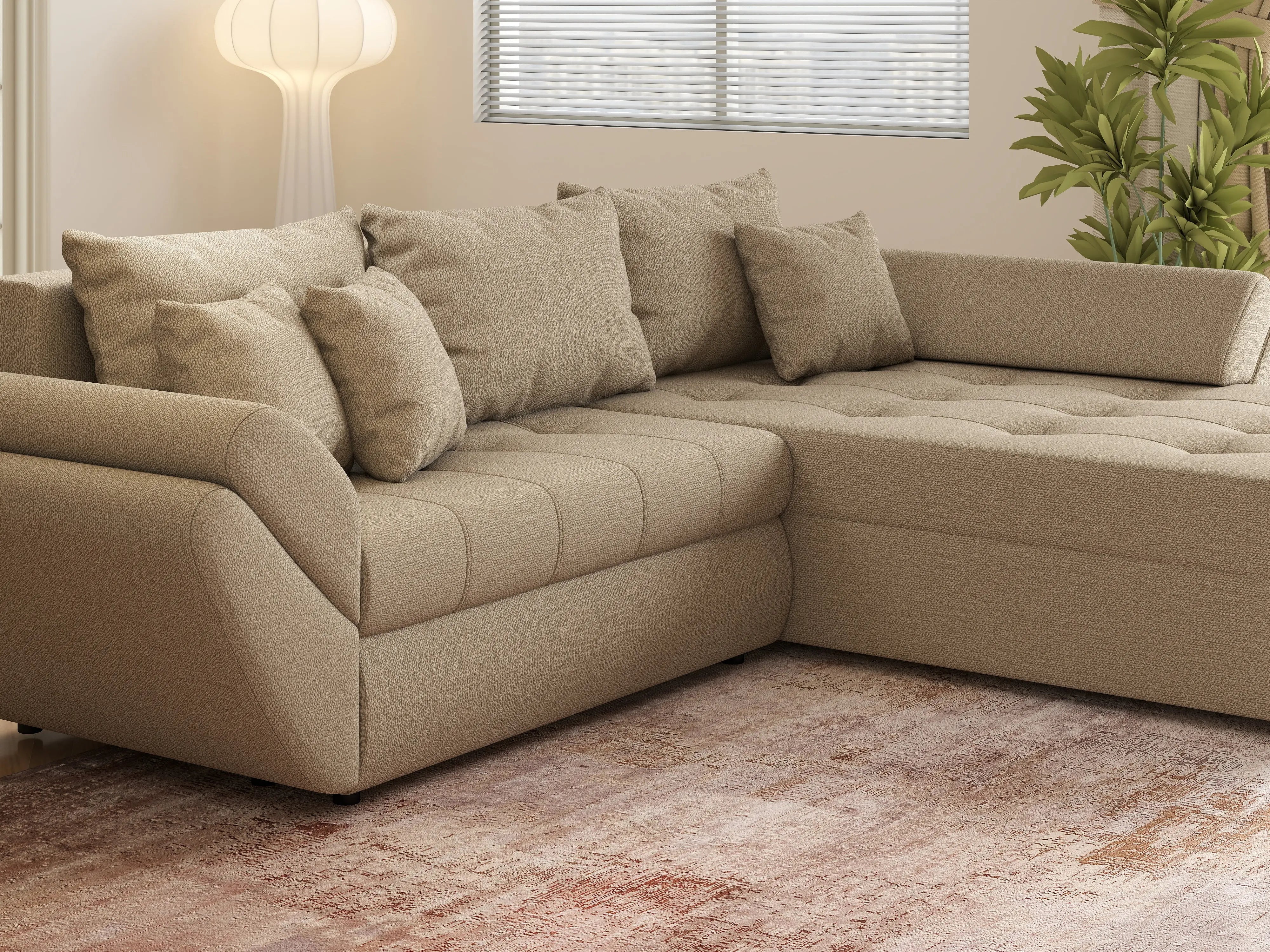 Colțar extensibil dumonde cu ladă de depozitare si sezut confortabil din spuma HR, Loana Camel II 270x185 cm Fabrica