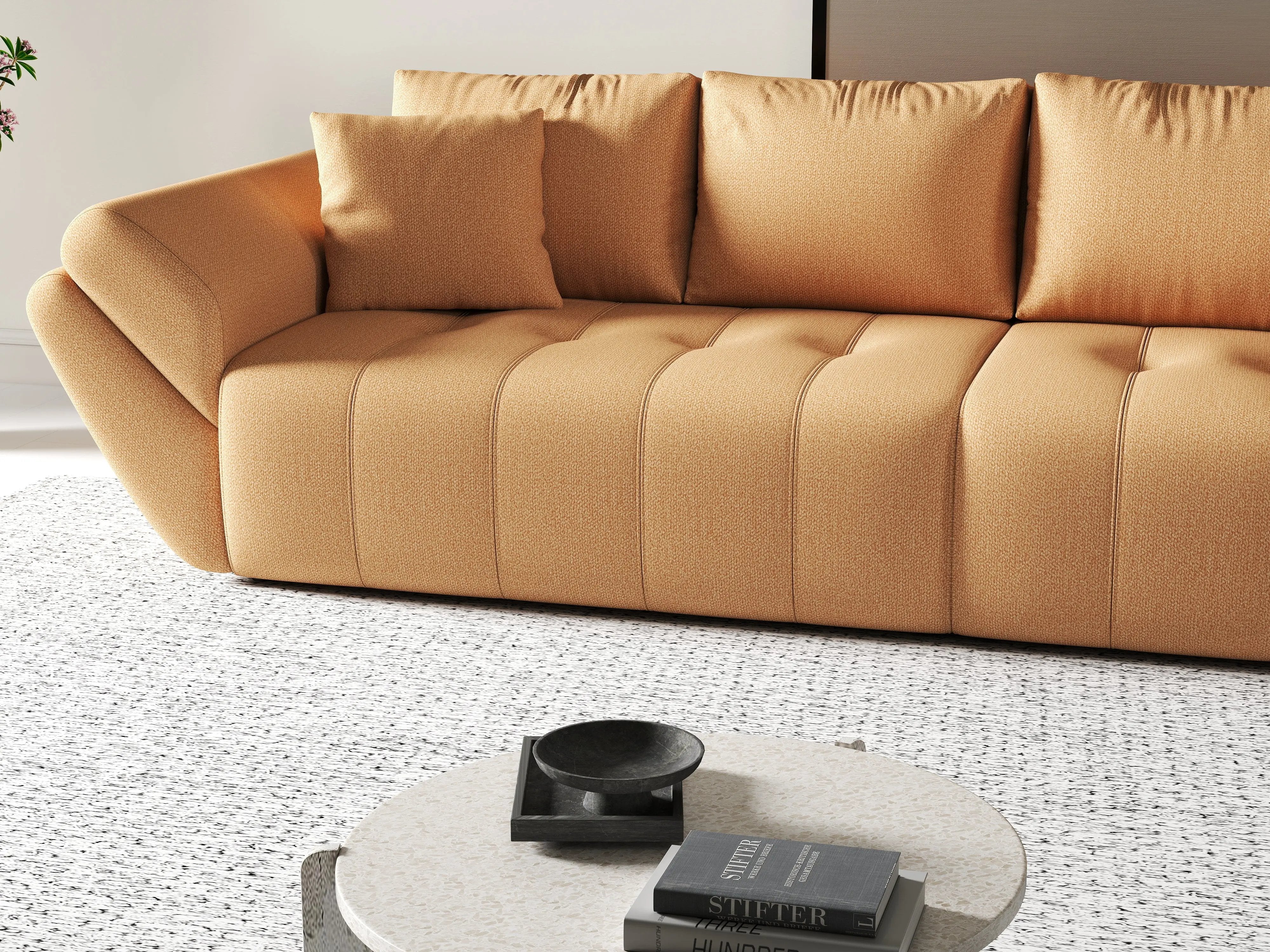 Canapea extensibilă dumonde cu ladă de depozitare si sezut confortabil din spuma HR, Berlin Enjoy Mango 300x100 cm Fabrica