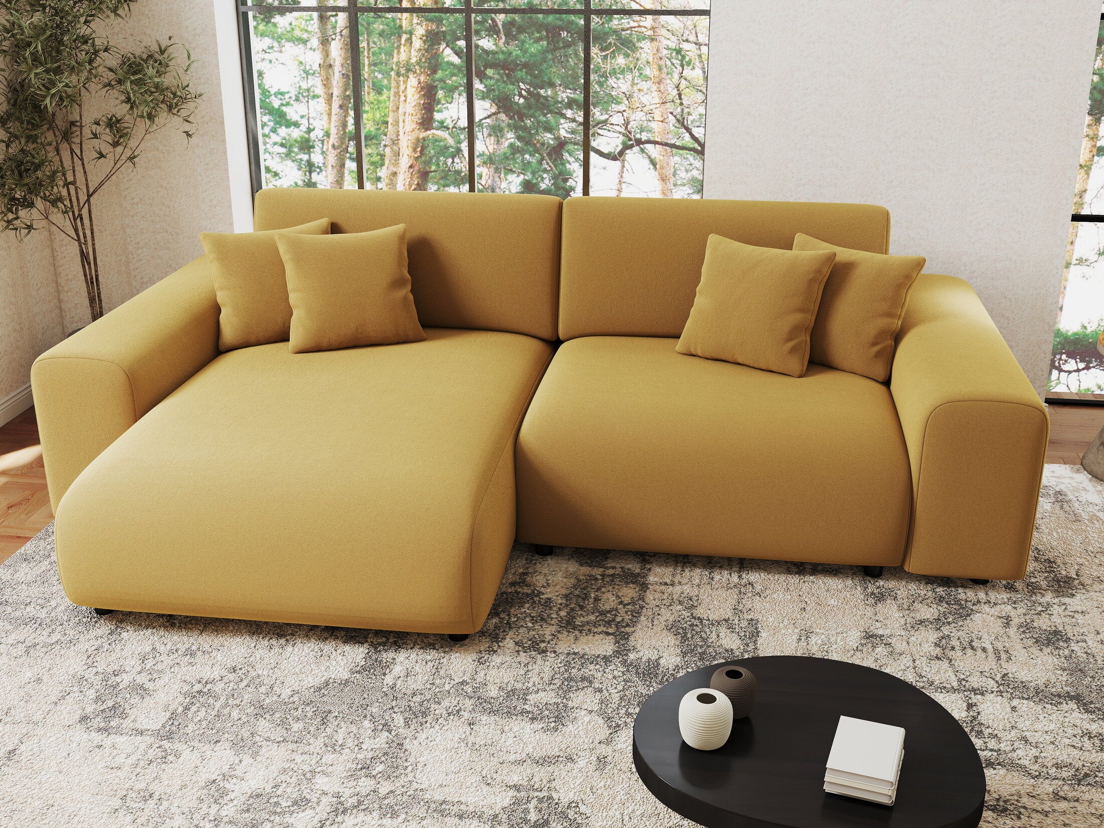 Colțar extensibil dumonde cu ladă de depozitare si sezut confortabil din spuma HR, Sarina Royal Mustar 255x168 cm