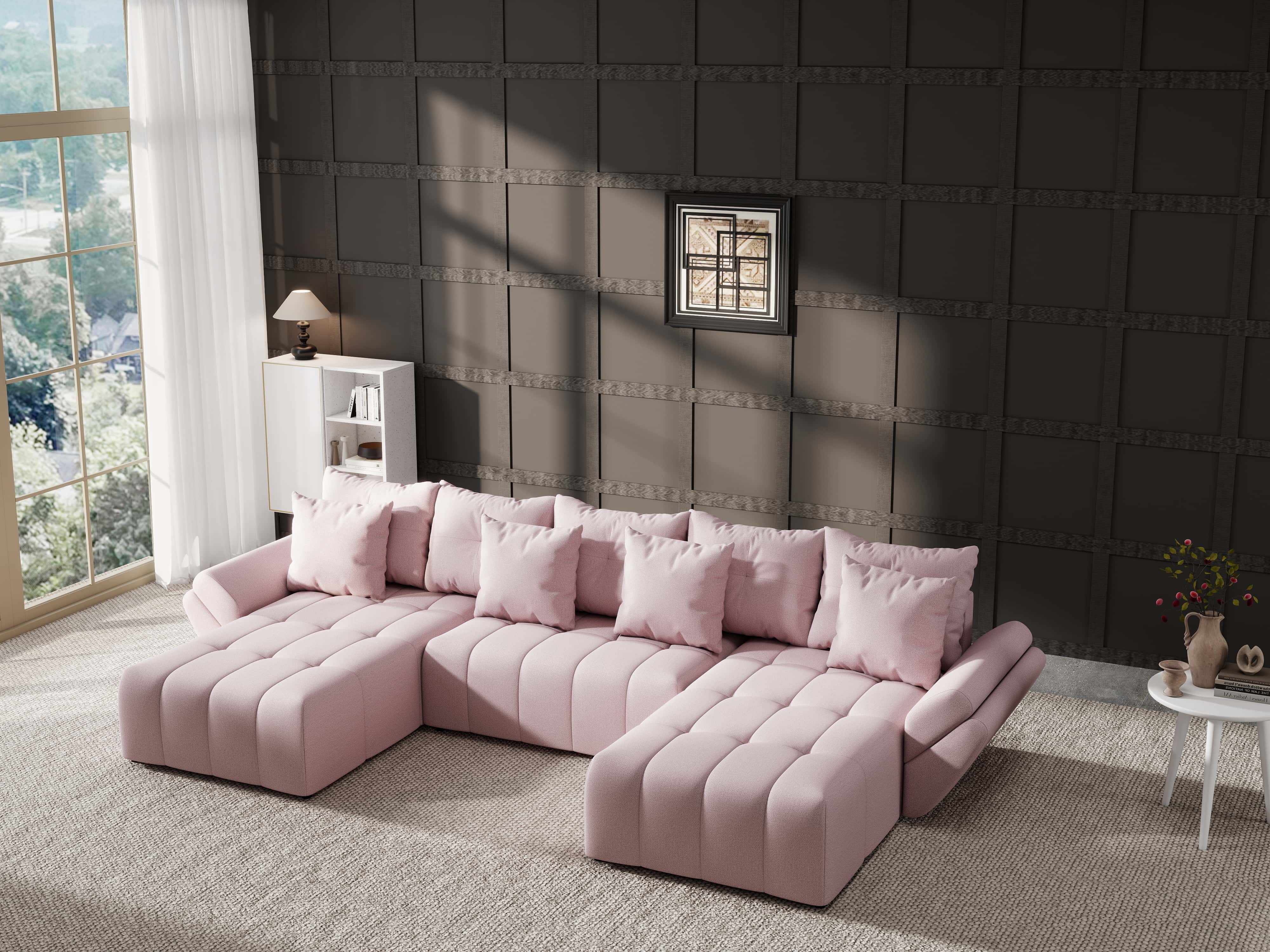 Colțar extensibil dumonde cu ladă de depozitare si sezut confortabil din spuma HR, Berlin U Enjoy Flamingo 380x180 cm Fabrica