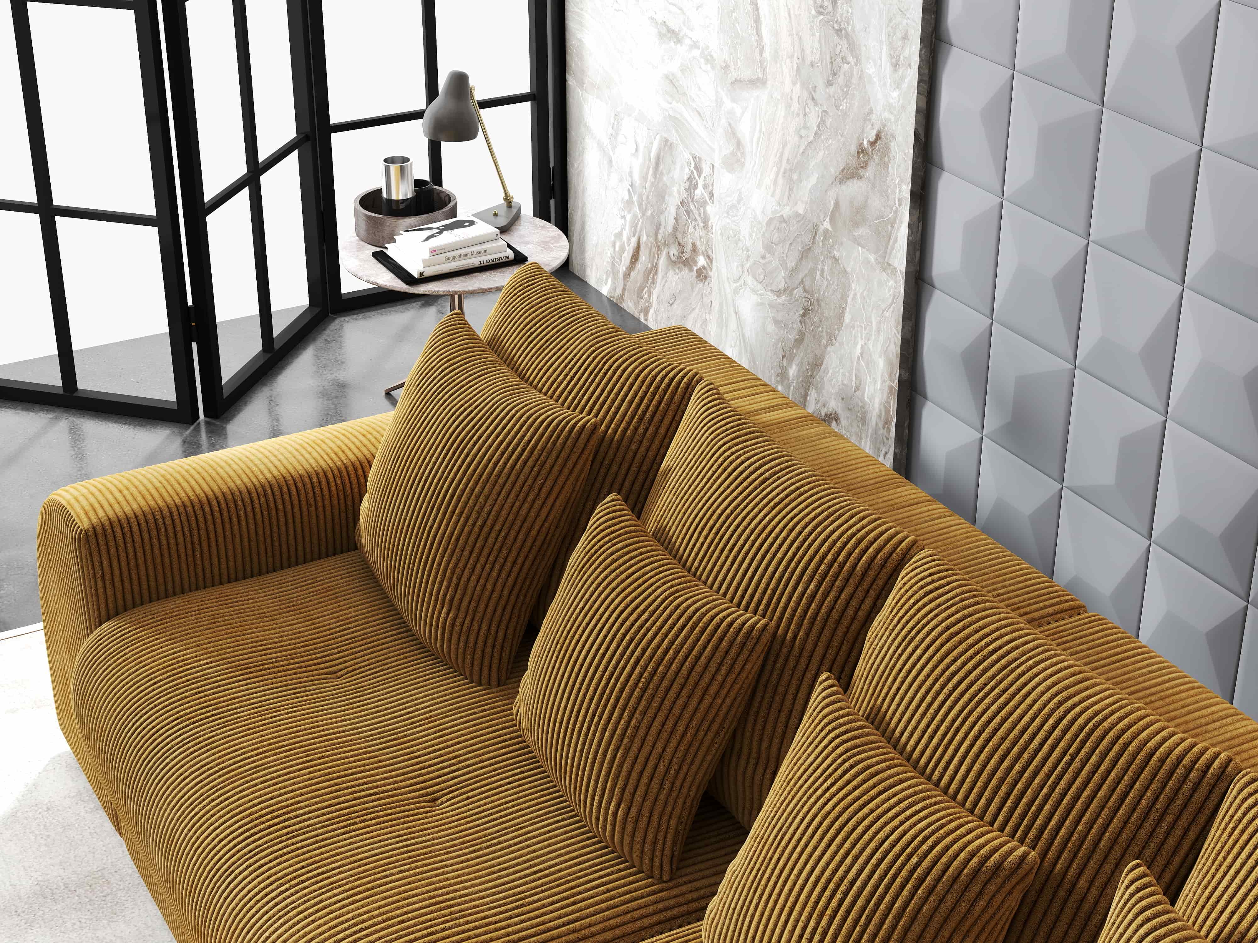 Colțar extensibil dumonde cu ladă de depozitare si sezut confortabil din spuma HR, Verona Zoom Mustar 290x185 cm Fabrica