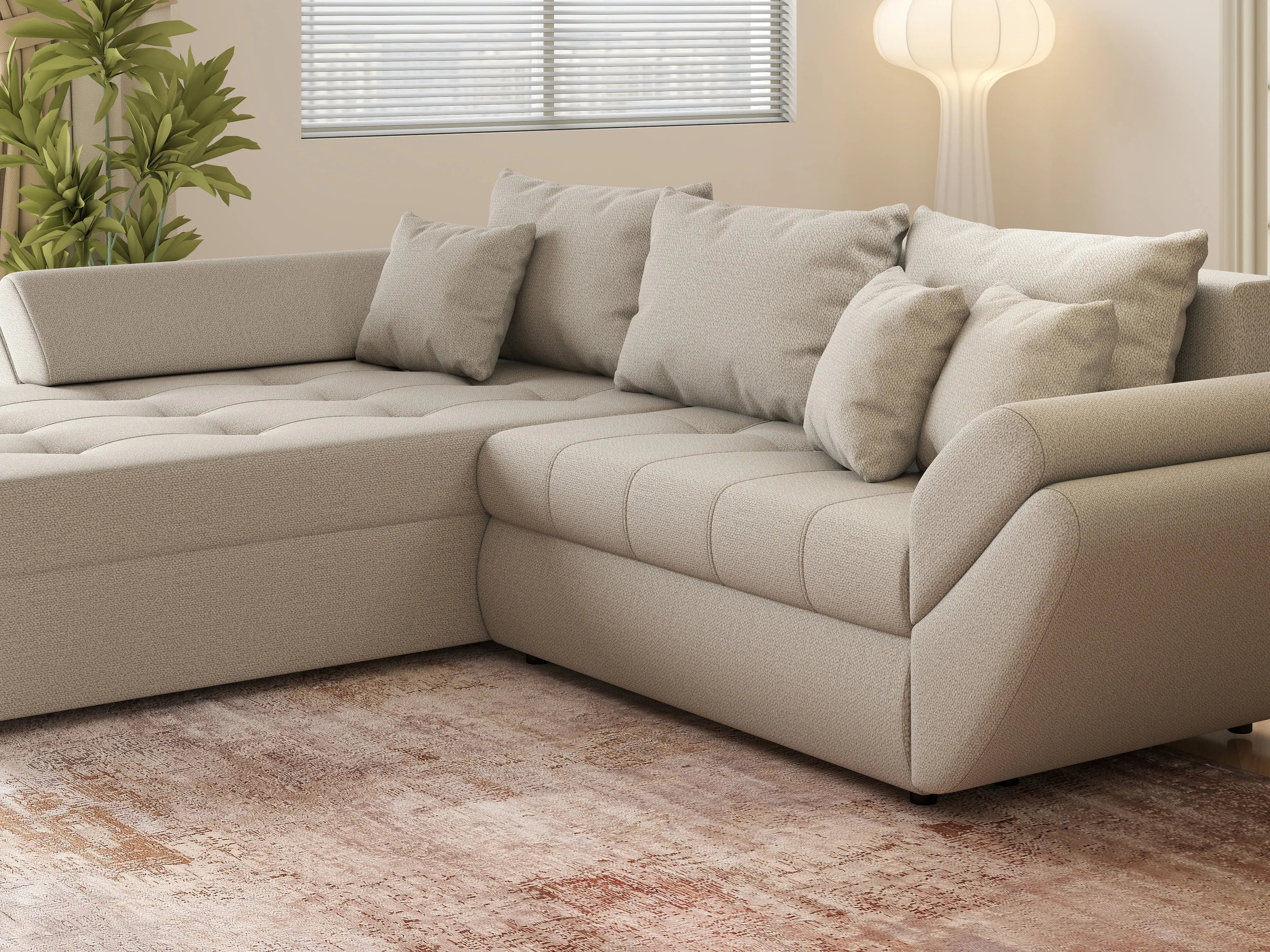 Colțar extensibil dumonde cu ladă de depozitare si sezut confortabil din spuma HR, Loana Bej 270x185 cm Fabrica