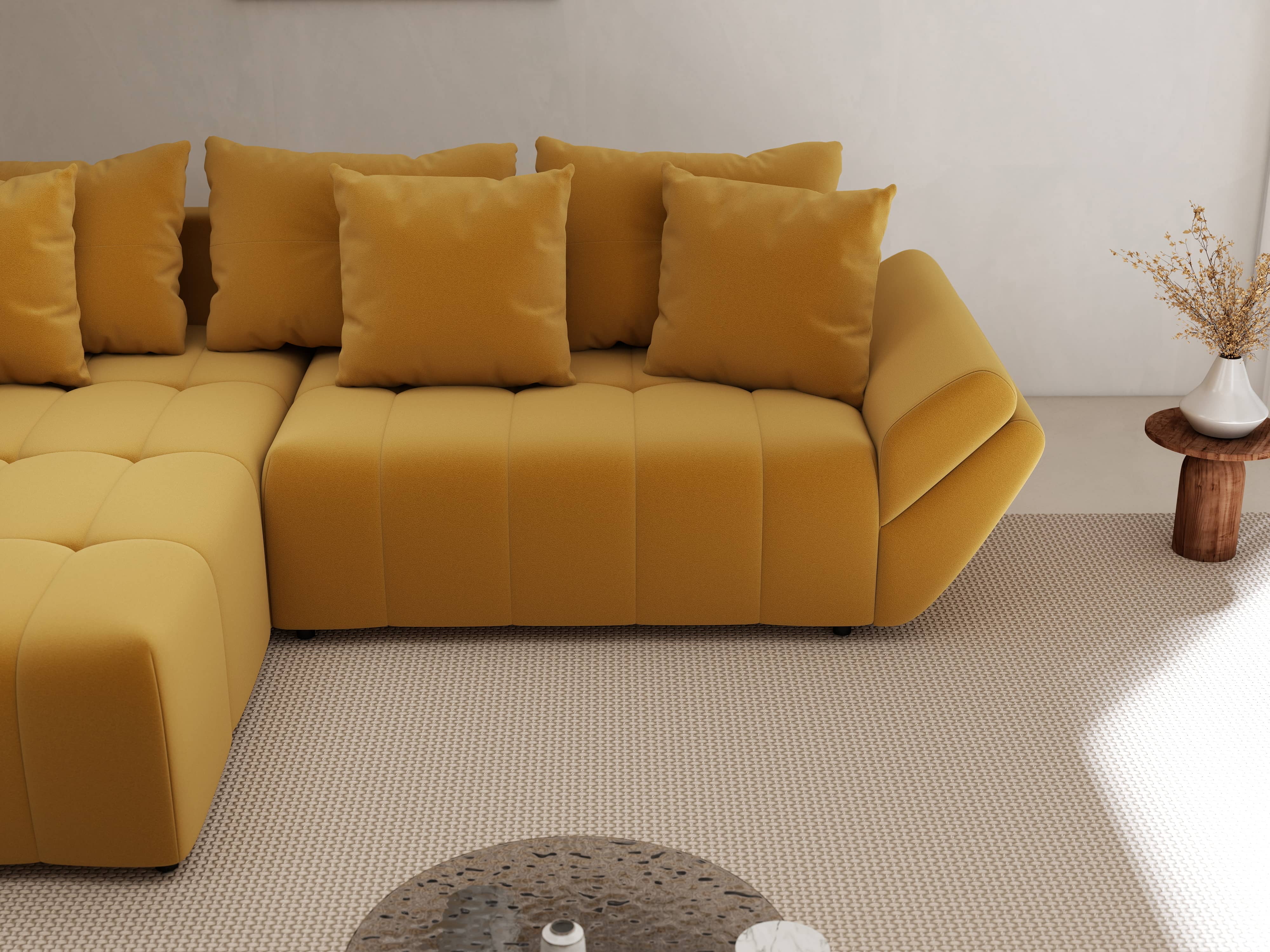 Colțar extensibil dumonde cu ladă de depozitare si sezut confortabil din spuma HR, Berlin Royal Mustar 280x185 cm Fabrica