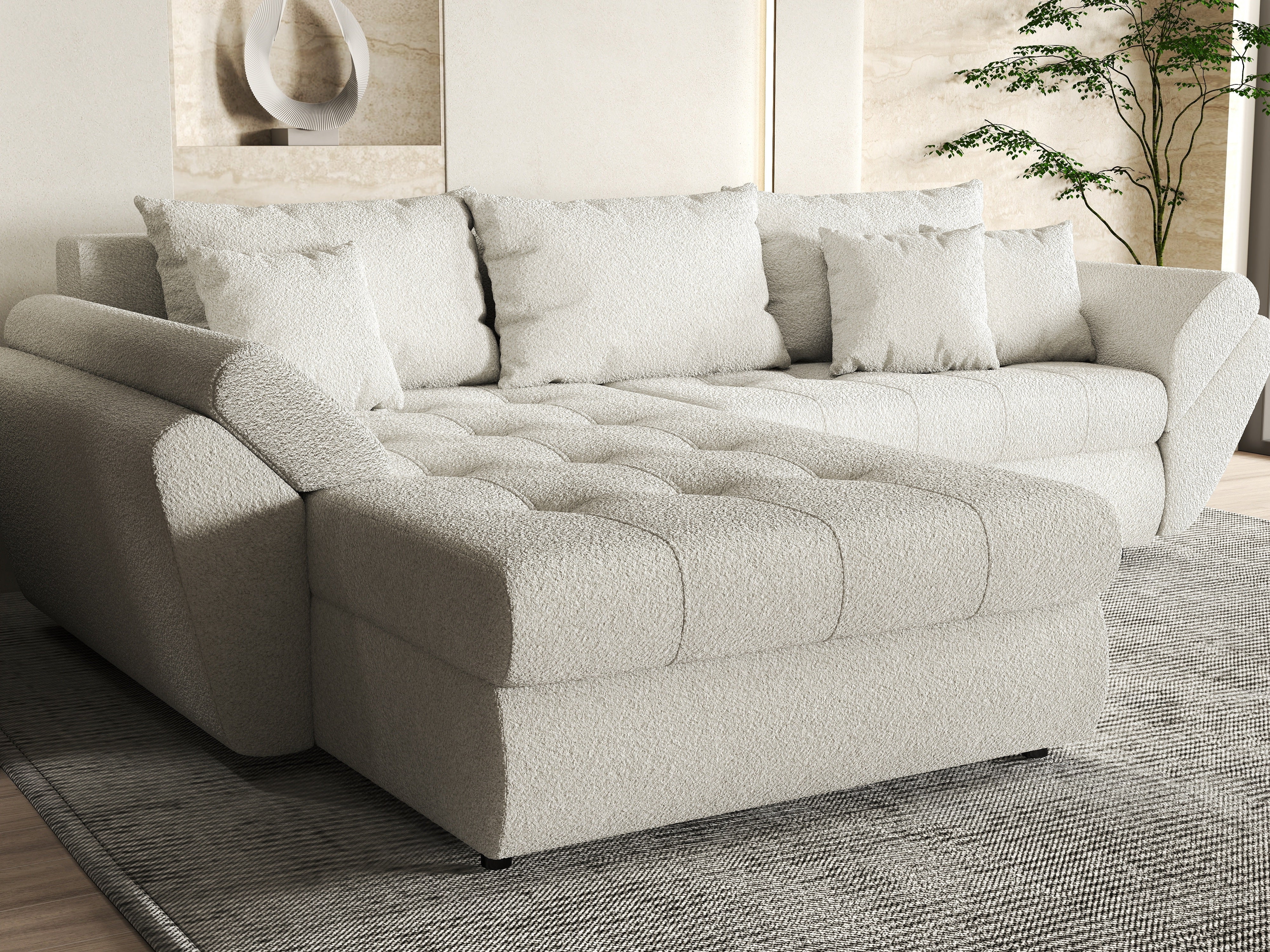 Colțar extensibil dumonde cu ladă de depozitare si sezut confortabil din spuma HR, Loana Euphoria Ivory 270x185 cm Fabrica
