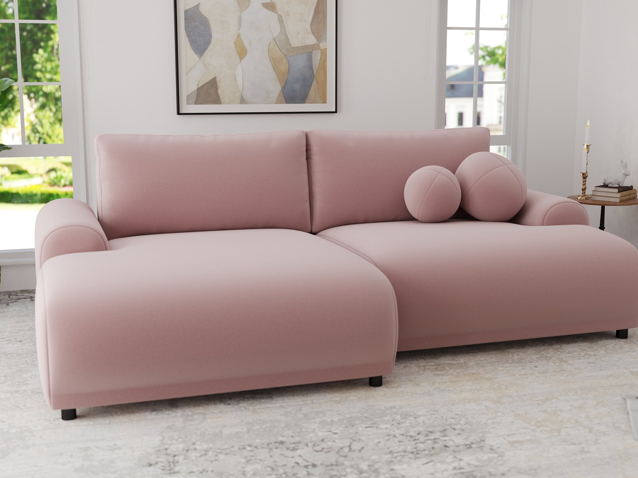 Colțar extensibil dumonde cu ladă de depozitare și șezut confortabil din spumă HR, Carlo Royal Roz 240x145 cm