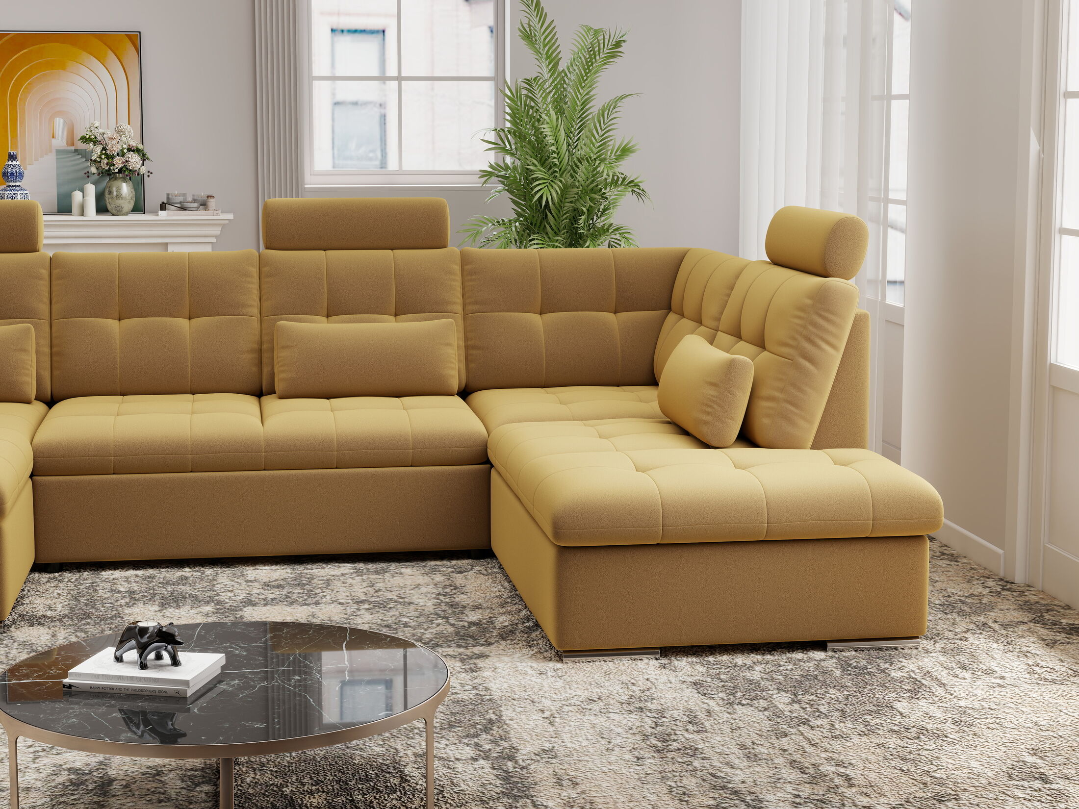 Colțar extensibil dumonde cu ladă de depozitare și șezut confortabil din spumă HR, Merkur U Royal Mustar 324x218 cm