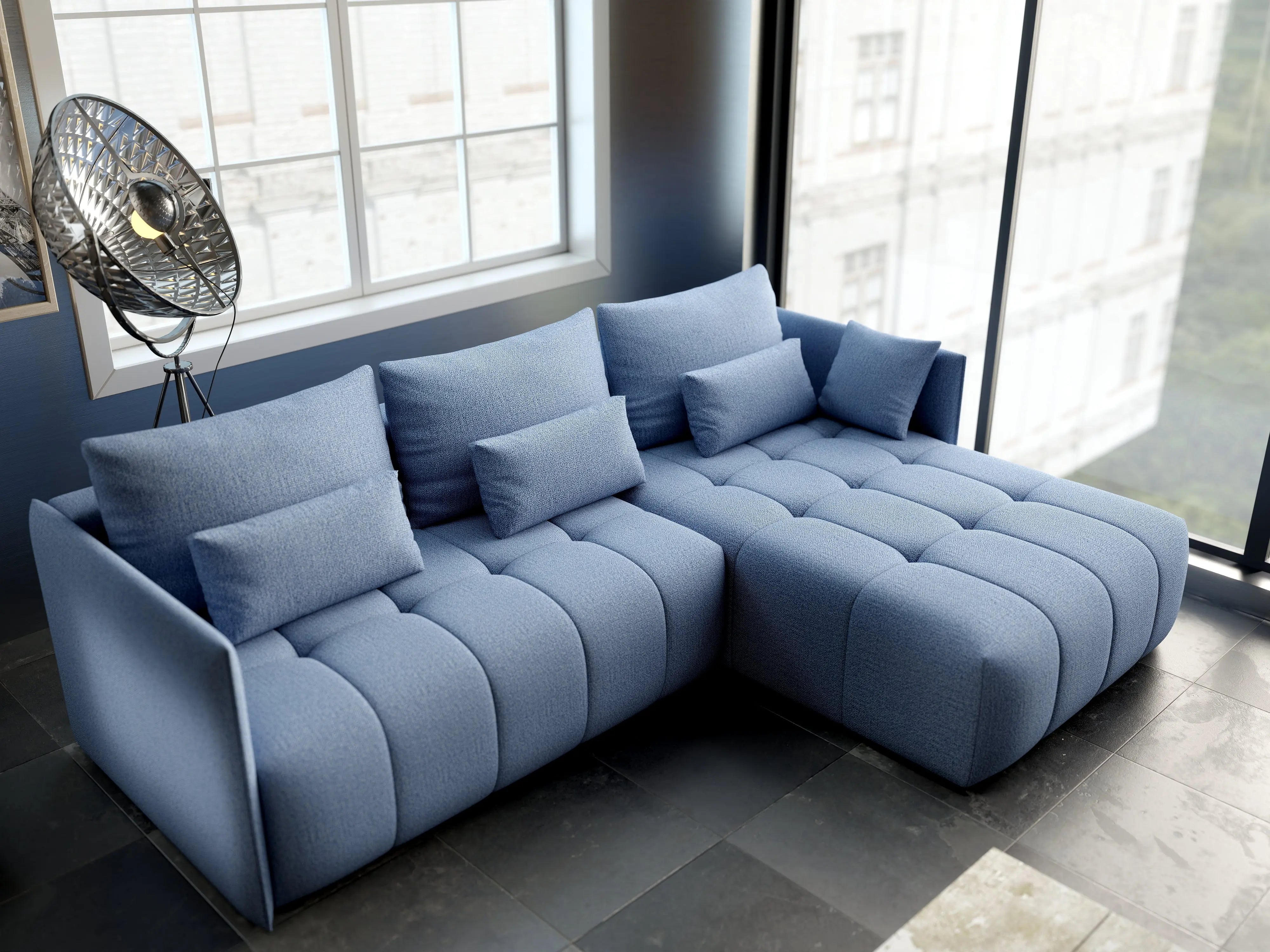 Colțar extensibil dumonde cu ladă de depozitare si sezut confortabil din spuma HR, Malta Blue II 235x185 cm Fabrica