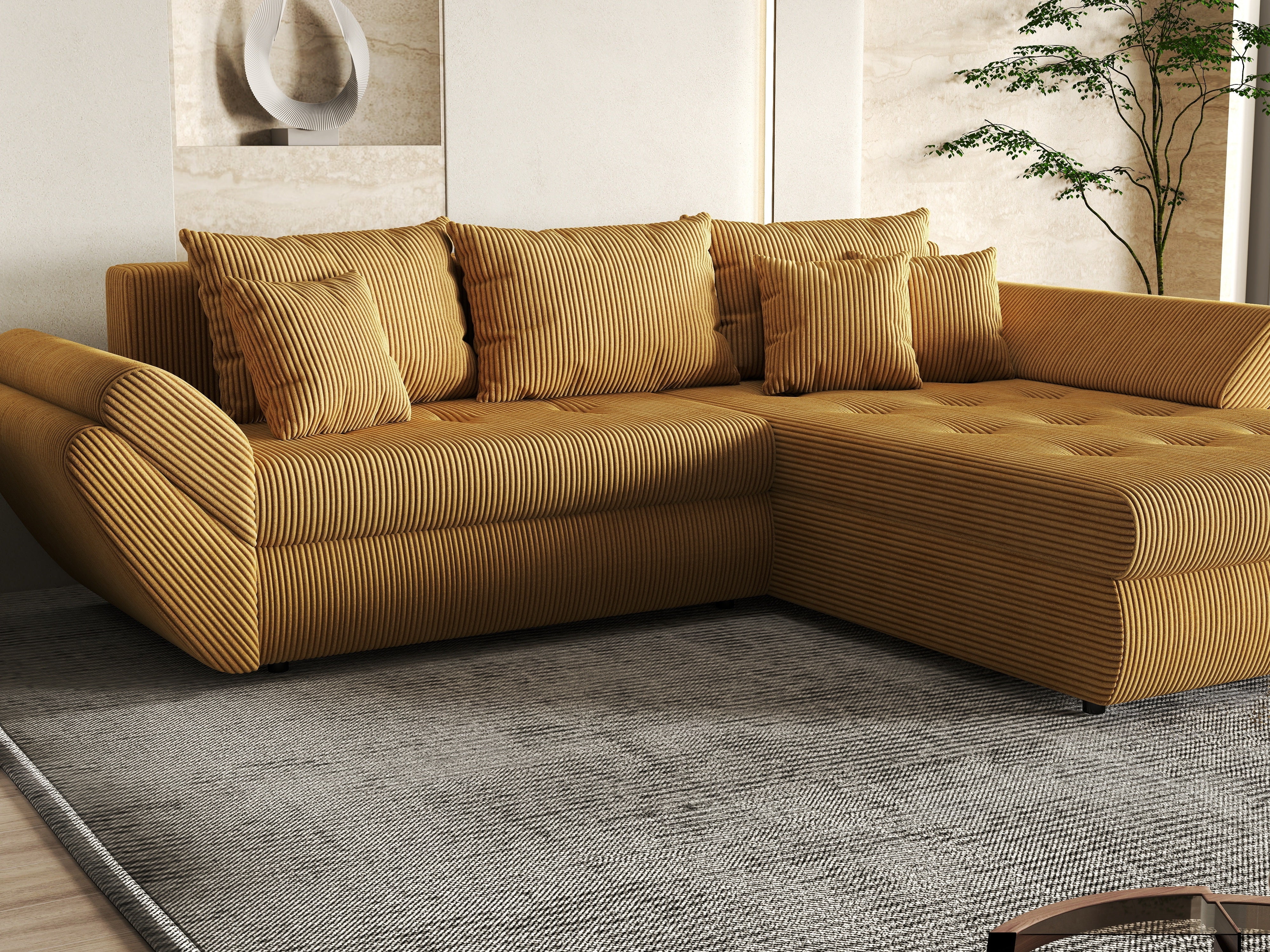 Colțar extensibil dumonde cu ladă de depozitare si sezut confortabil din spuma HR, Loana Zoom Mustar II 270x185 cm Fabrica