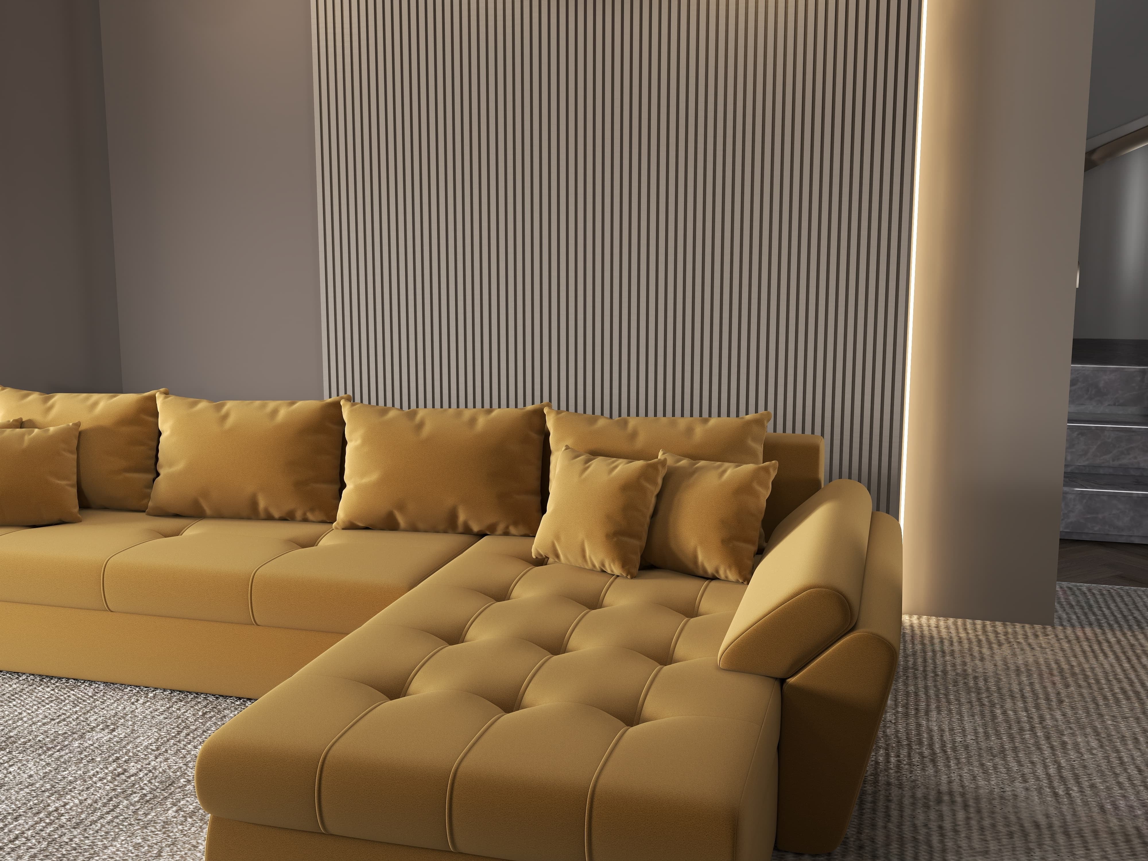 Colțar extensibil dumonde cu ladă de depozitare si sezut confortabil din spuma HR, Loana XL Royal Mustar II 335x185 cm Fabrica