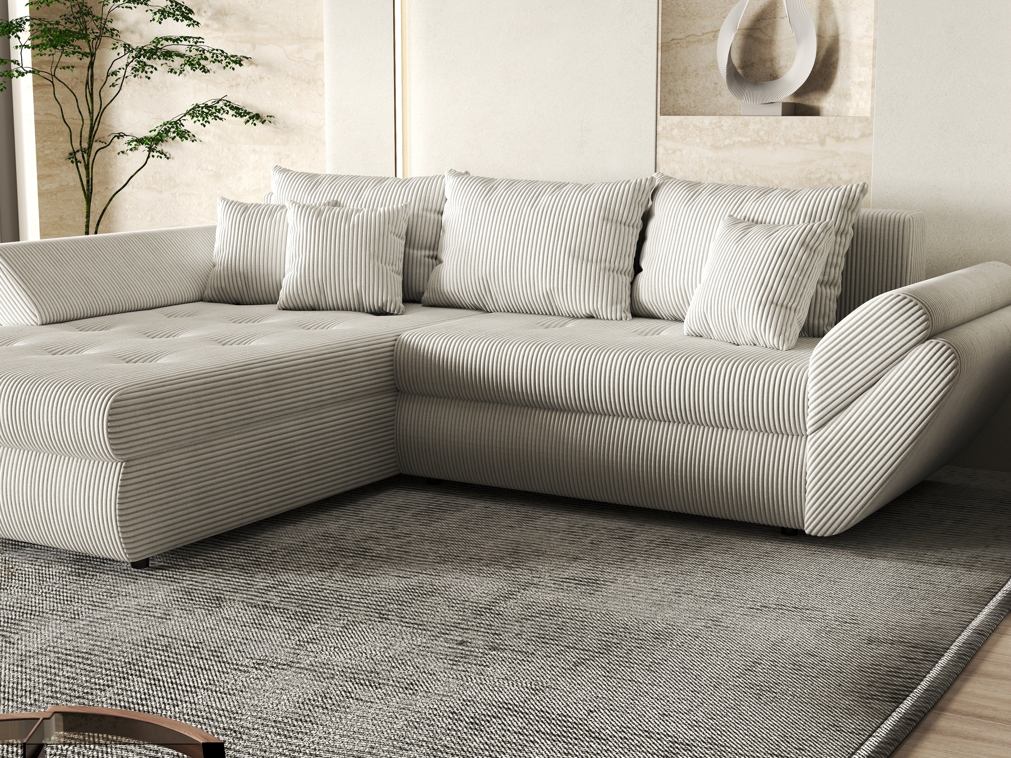 Colțar extensibil dumonde cu ladă de depozitare si sezut confortabil din spuma HR, Loana Zoom Crem 270x185 cm Fabrica