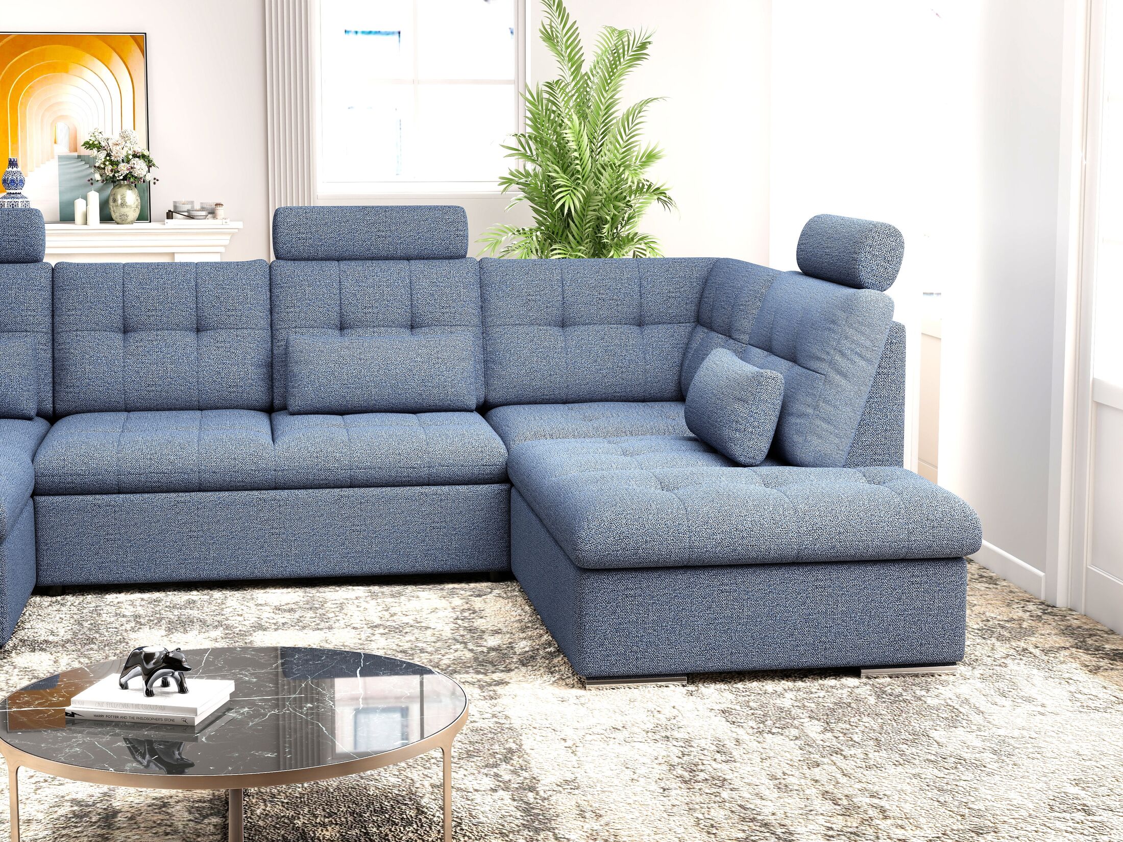 Colțar extensibil dumonde cu ladă de depozitare și șezut confortabil din spumă HR, Merkur U Enjoy Albastru 324x218 cm