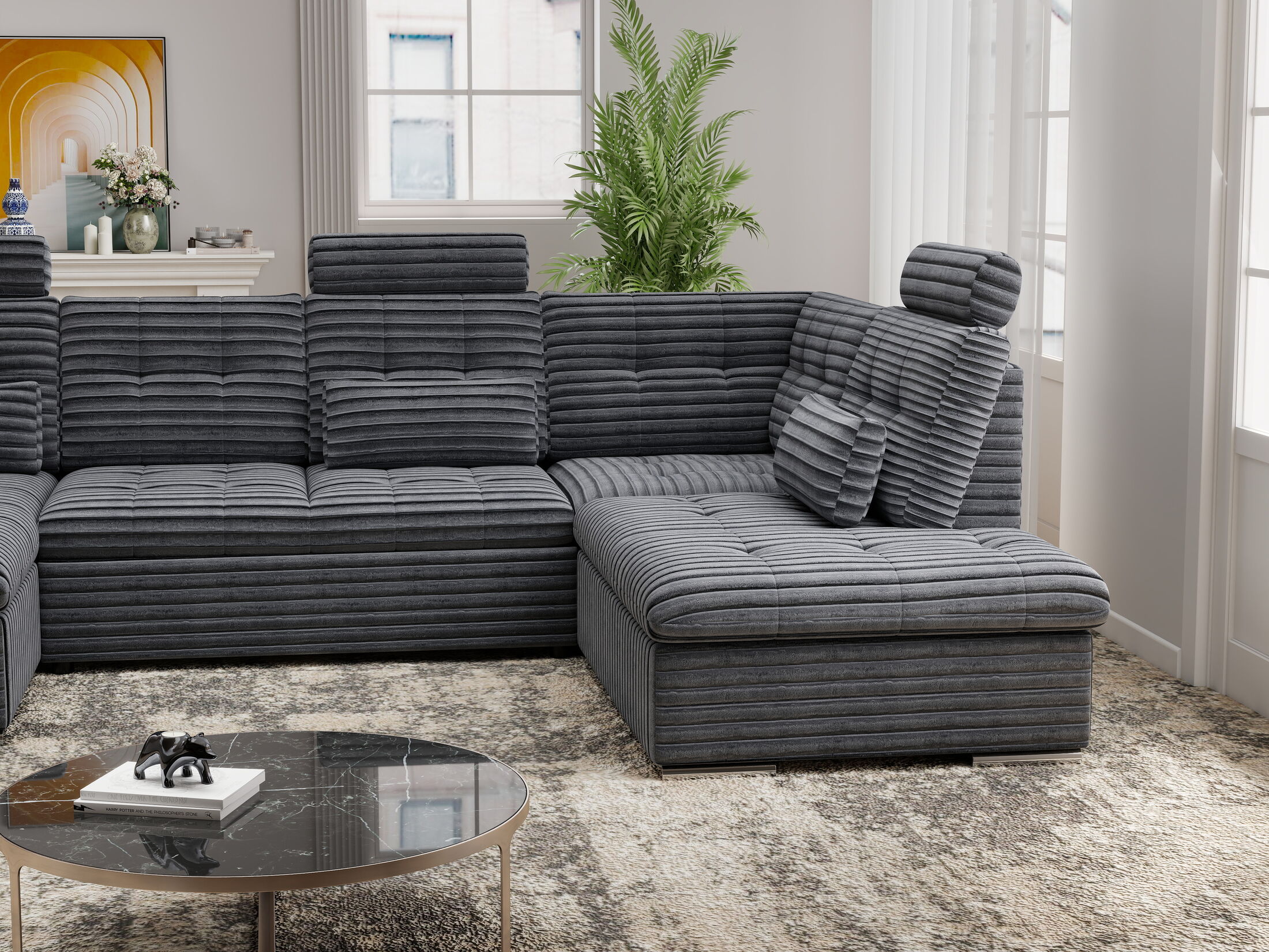 Colțar extensibil dumonde cu ladă de depozitare și șezut confortabil din spumă HR, Merkur U Ambience Gri 324x218 cm