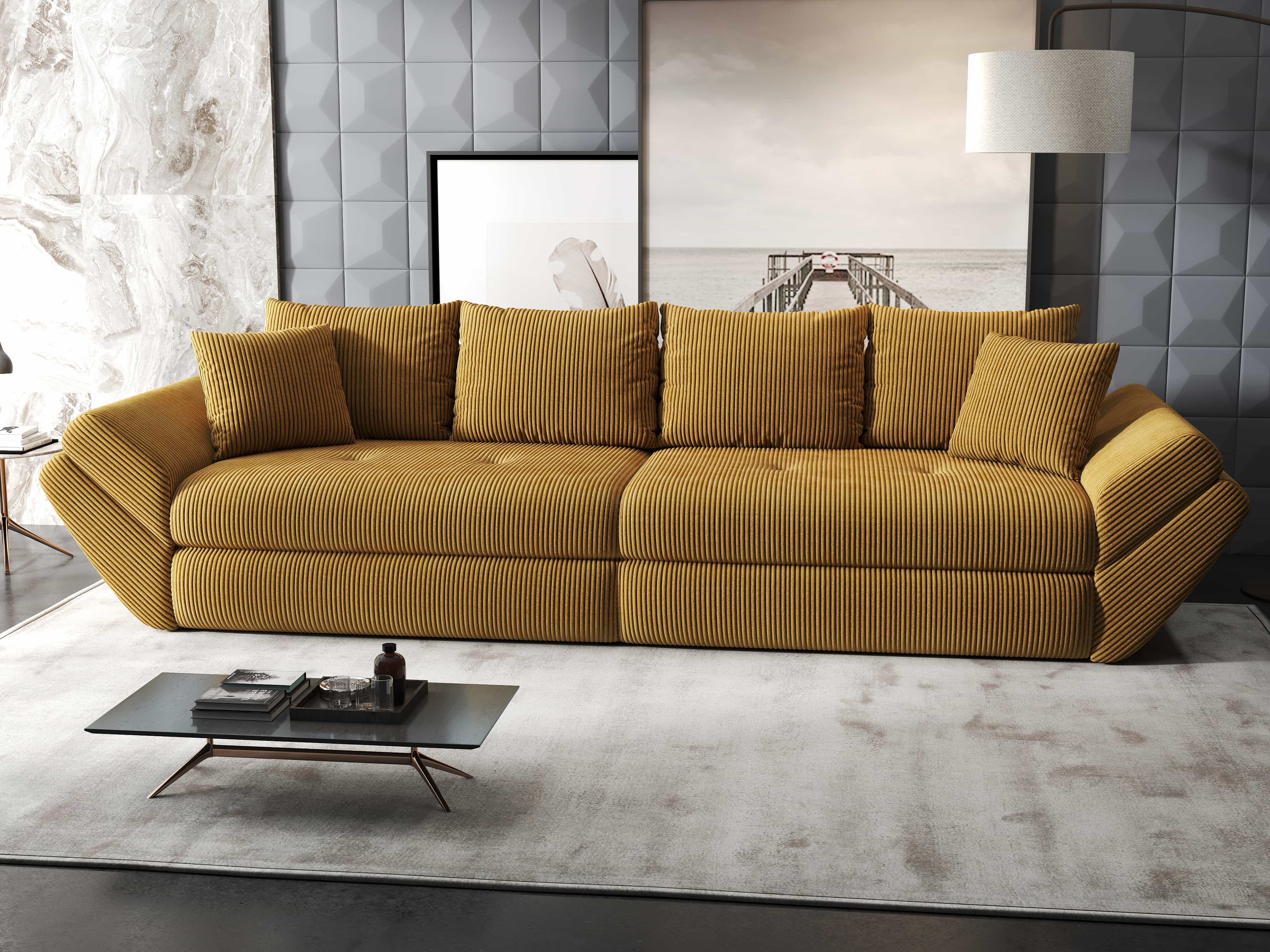 Canapea extensibilă dumonde cu ladă de depozitare si sezut confortabil din spuma HR, Loana Zoom Mustar 300x100 cm Fabrica