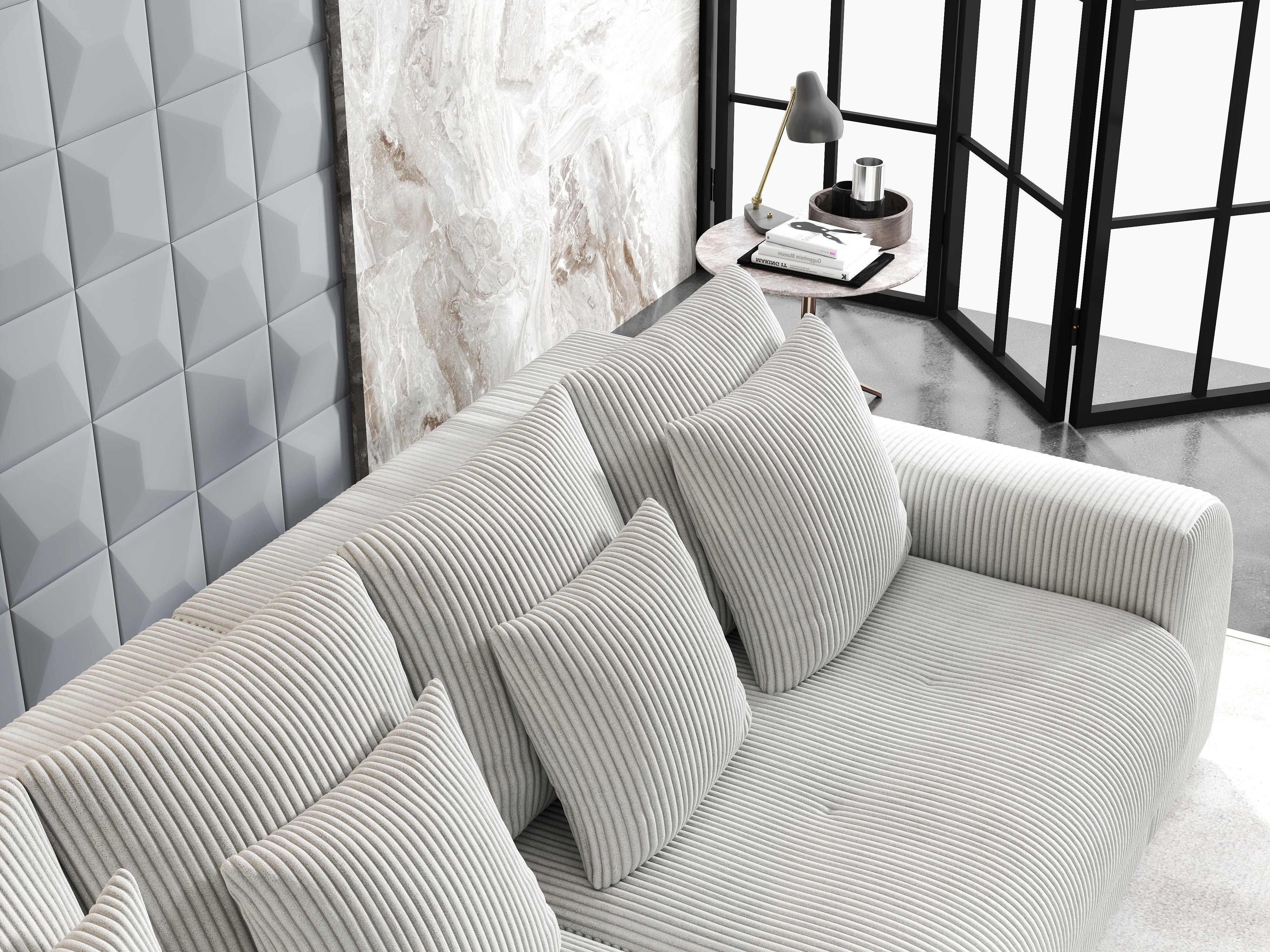 Colțar extensibil dumonde cu ladă de depozitare si sezut confortabil din spuma HR, Verona Zoom Crem 290x185 cm Fabrica