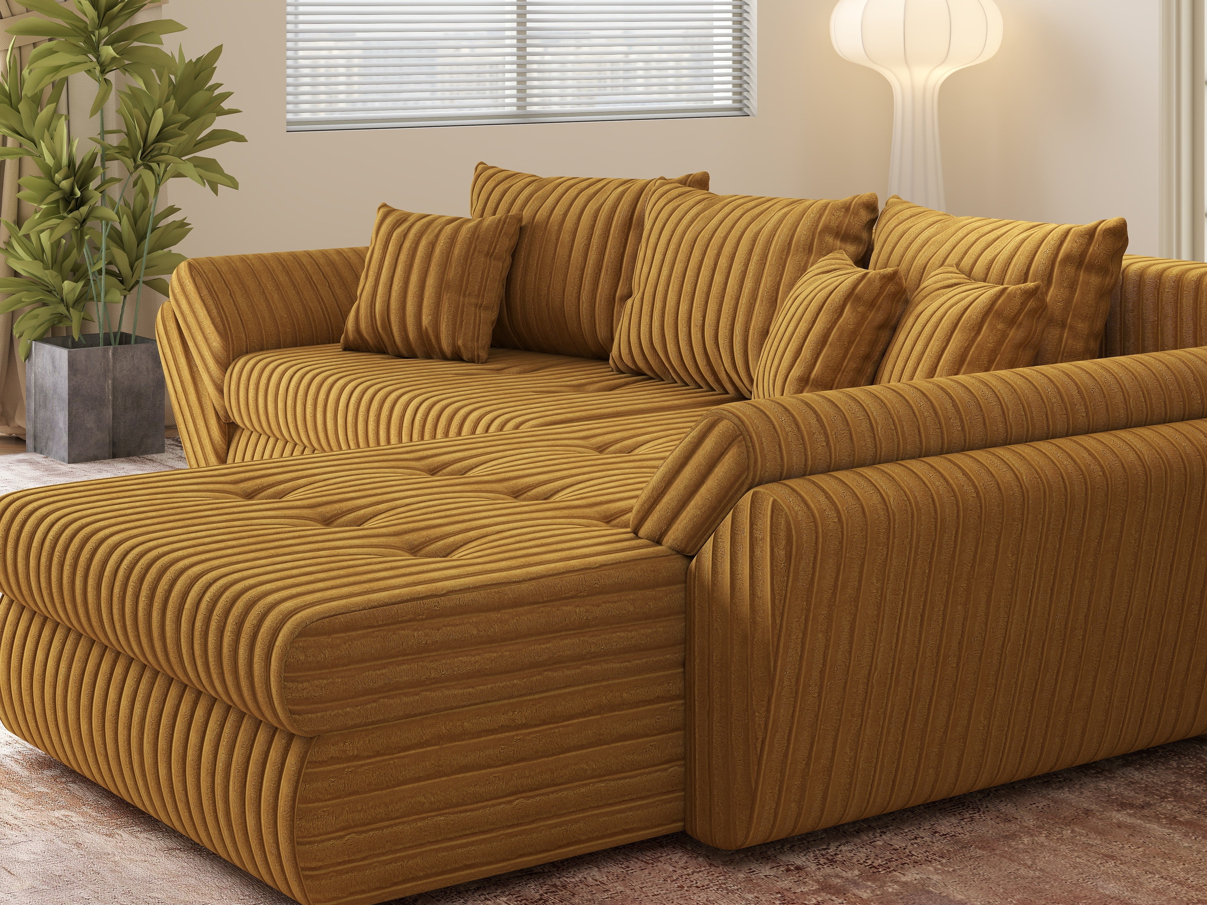 Colțar extensibil dumonde cu ladă de depozitare si sezut confortabil din spuma HR, Loana Ambience Mustar II 270x185 cm Fabrica