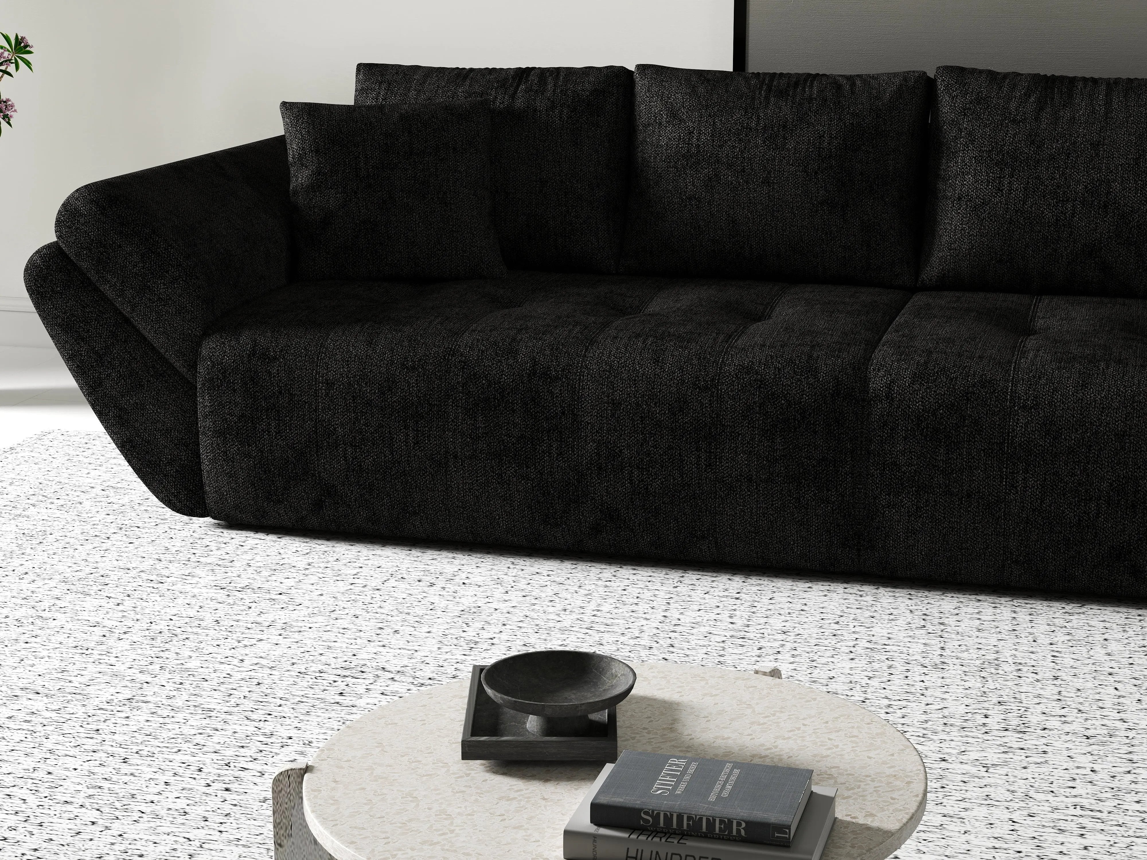 Canapea extensibilă dumonde cu ladă de depozitare si sezut confortabil din spuma HR, Berlin Enjoy Black 300x100 cm Fabrica