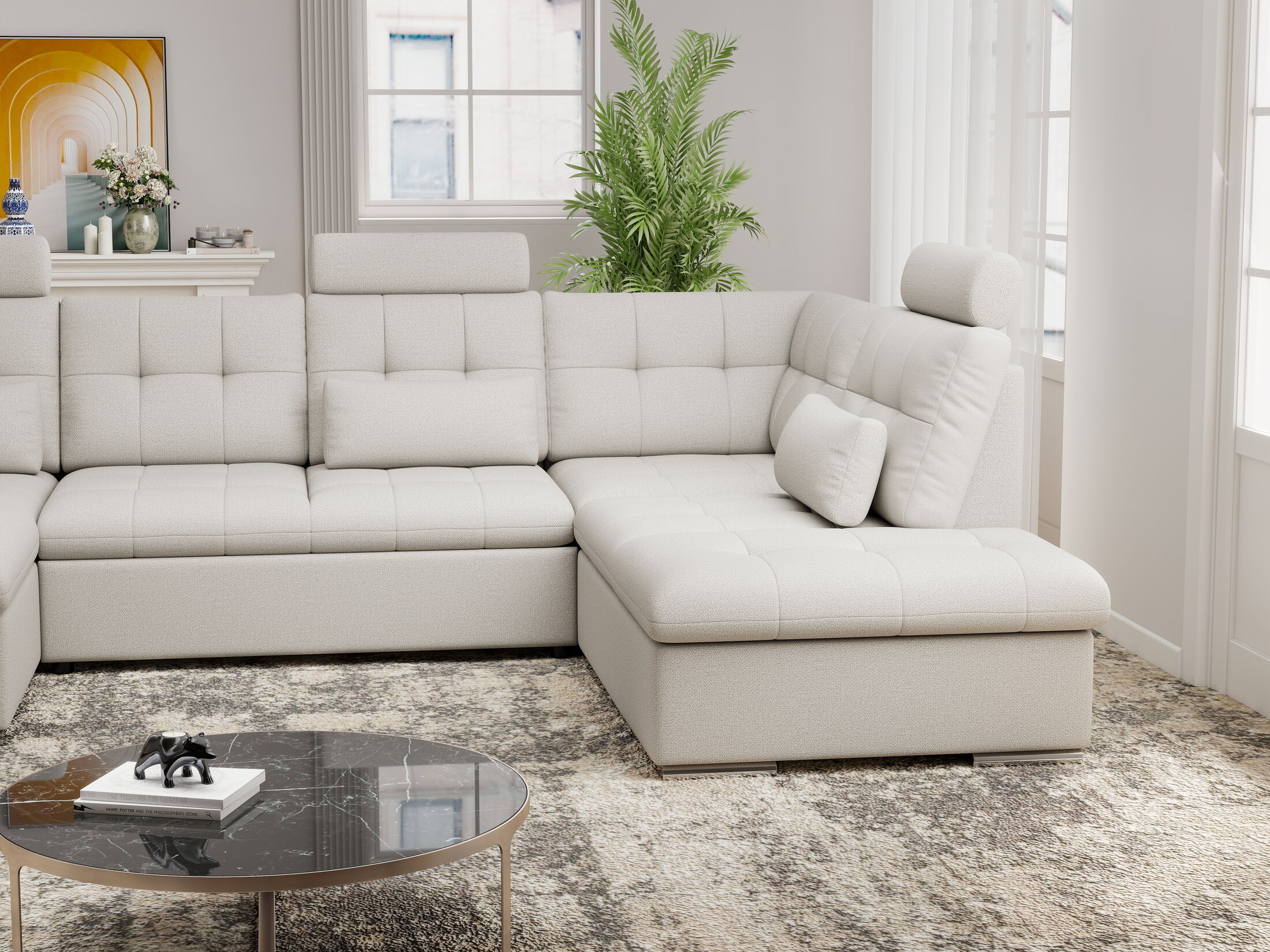 Colțar extensibil dumonde cu ladă de depozitare și șezut confortabil din spumă HR, Merkur U Enjoy Bej 324x218 cm