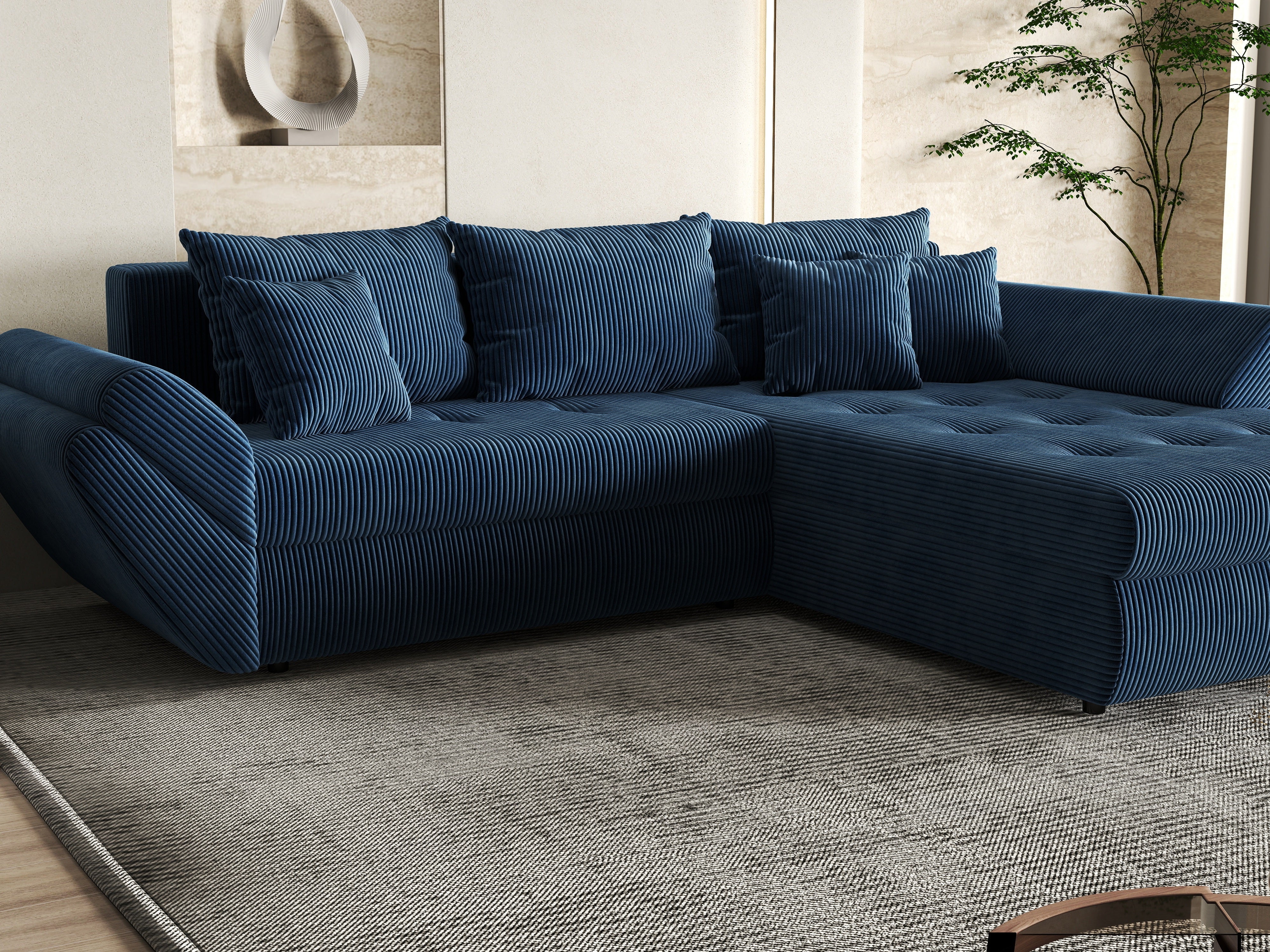 Colțar extensibil dumonde cu ladă de depozitare si sezut confortabil din spuma HR, Loana Zoom Blue II 270x185 cm Fabrica