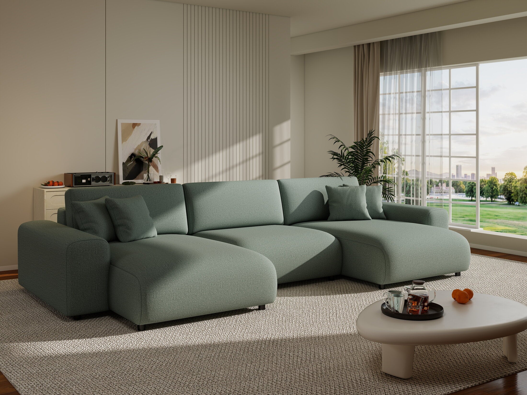 Colțar extensibil dumonde cu ladă de depozitare si sezut confortabil din spuma HR, Sarina U Enjoy Verde Mint 350x168 cm