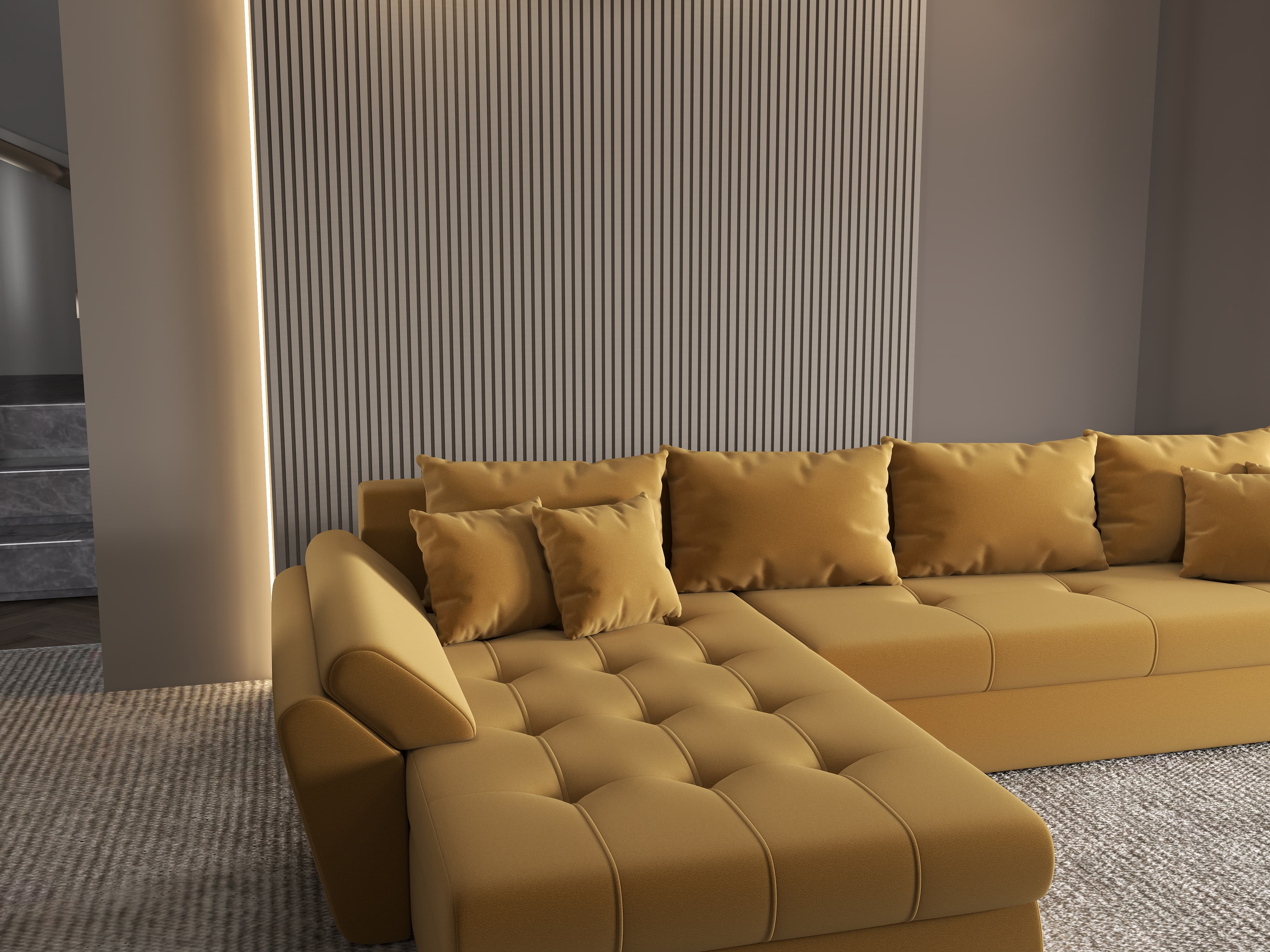 Colțar extensibil dumonde cu ladă de depozitare si sezut confortabil din spuma HR, Loana XL Royal Mustar 335x185 cm Fabrica