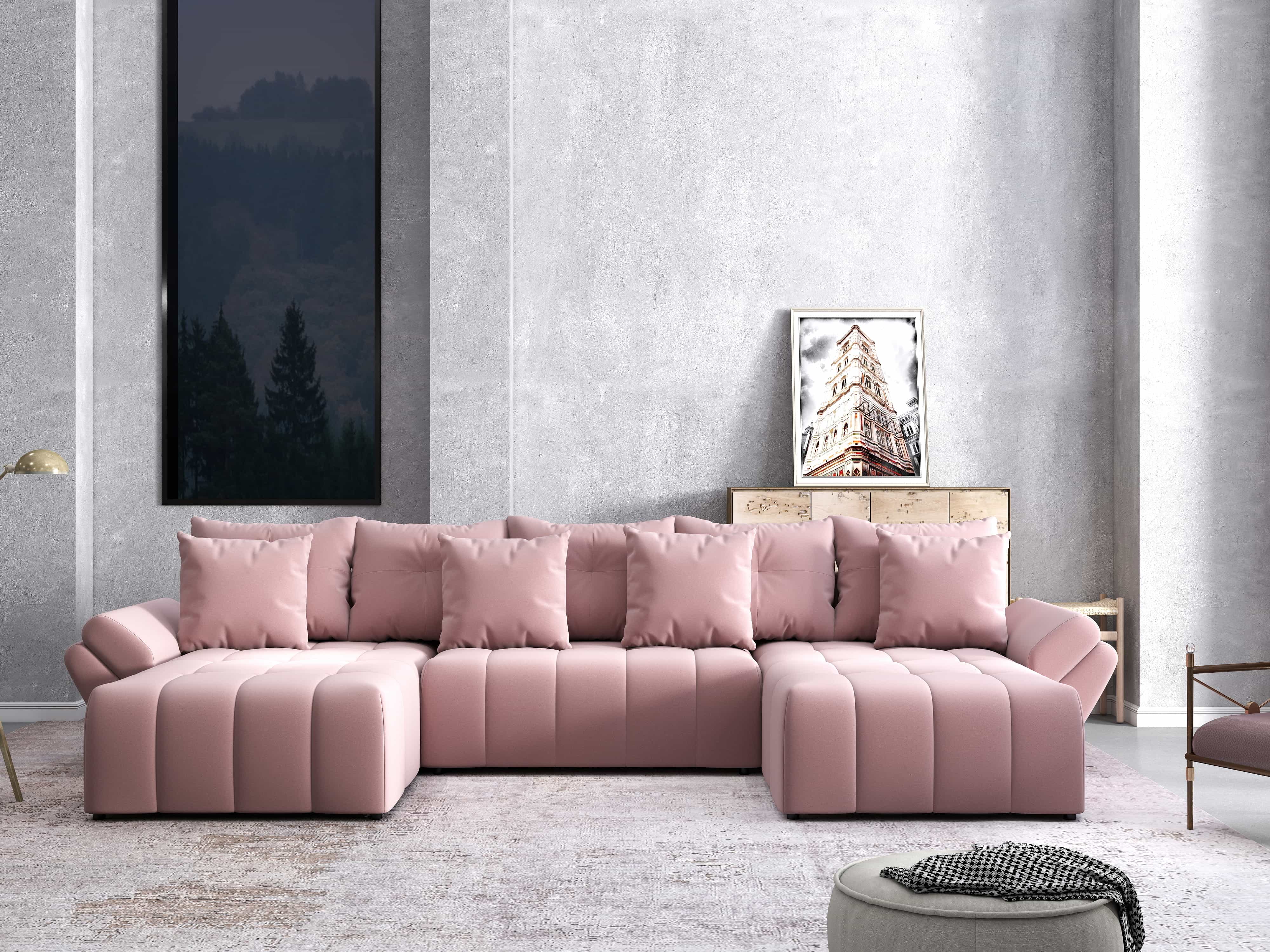 Colțar extensibil dumonde cu ladă de depozitare si sezut confortabil din spuma HR, Berlin U Royal Roz 380x180 cm Fabrica