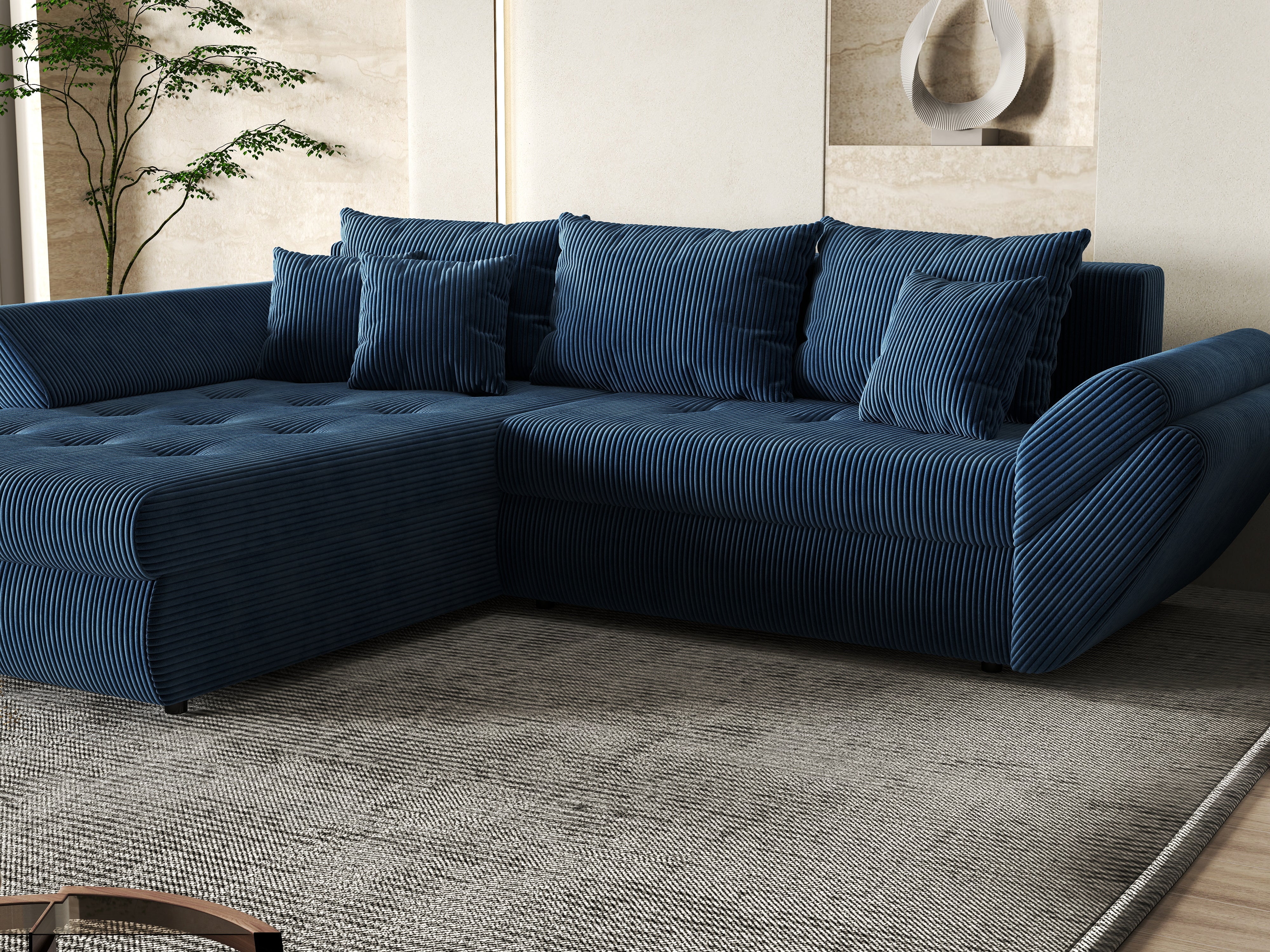 Colțar extensibil dumonde cu ladă de depozitare si sezut confortabil din spuma HR, Loana Zoom Blue 270x185 cm Fabrica
