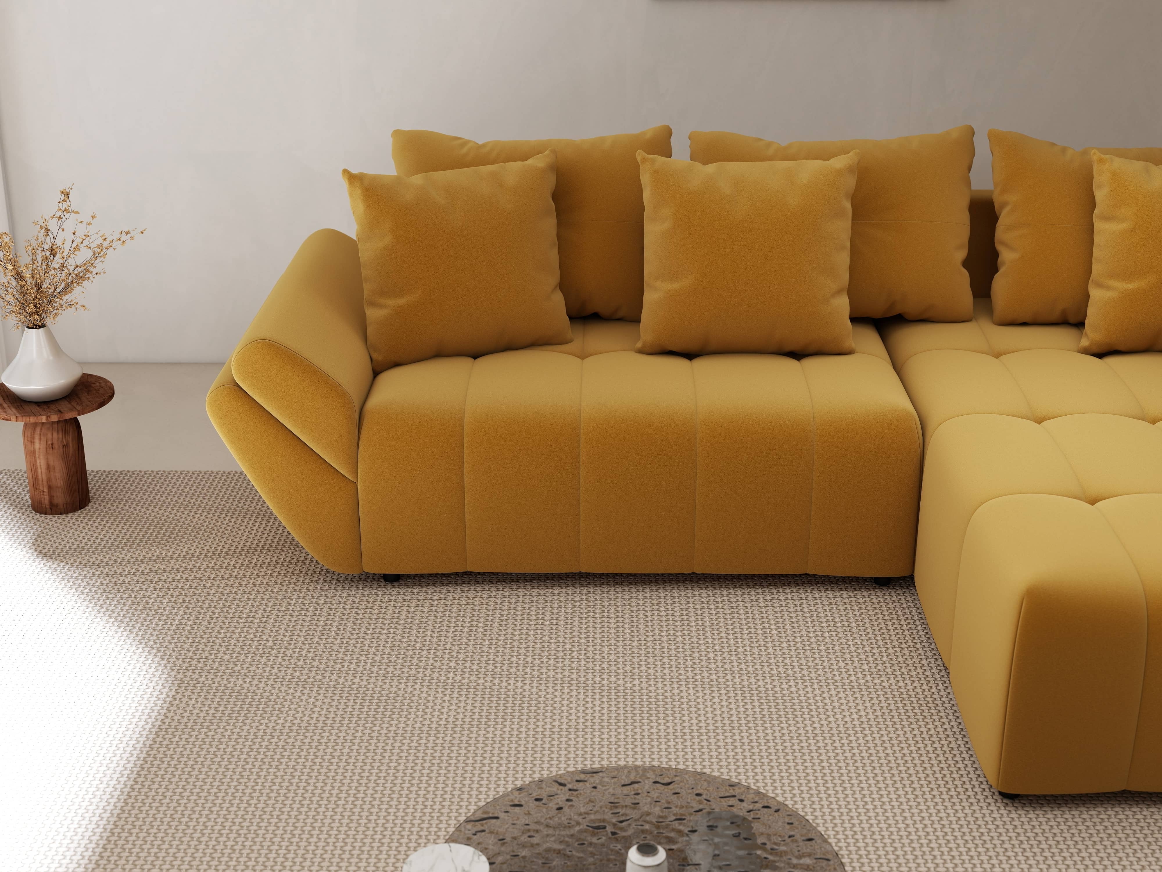 Colțar extensibil dumonde cu ladă de depozitare si sezut confortabil din spuma HR, Berlin Royal Mustar 280x185 cm II Fabrica