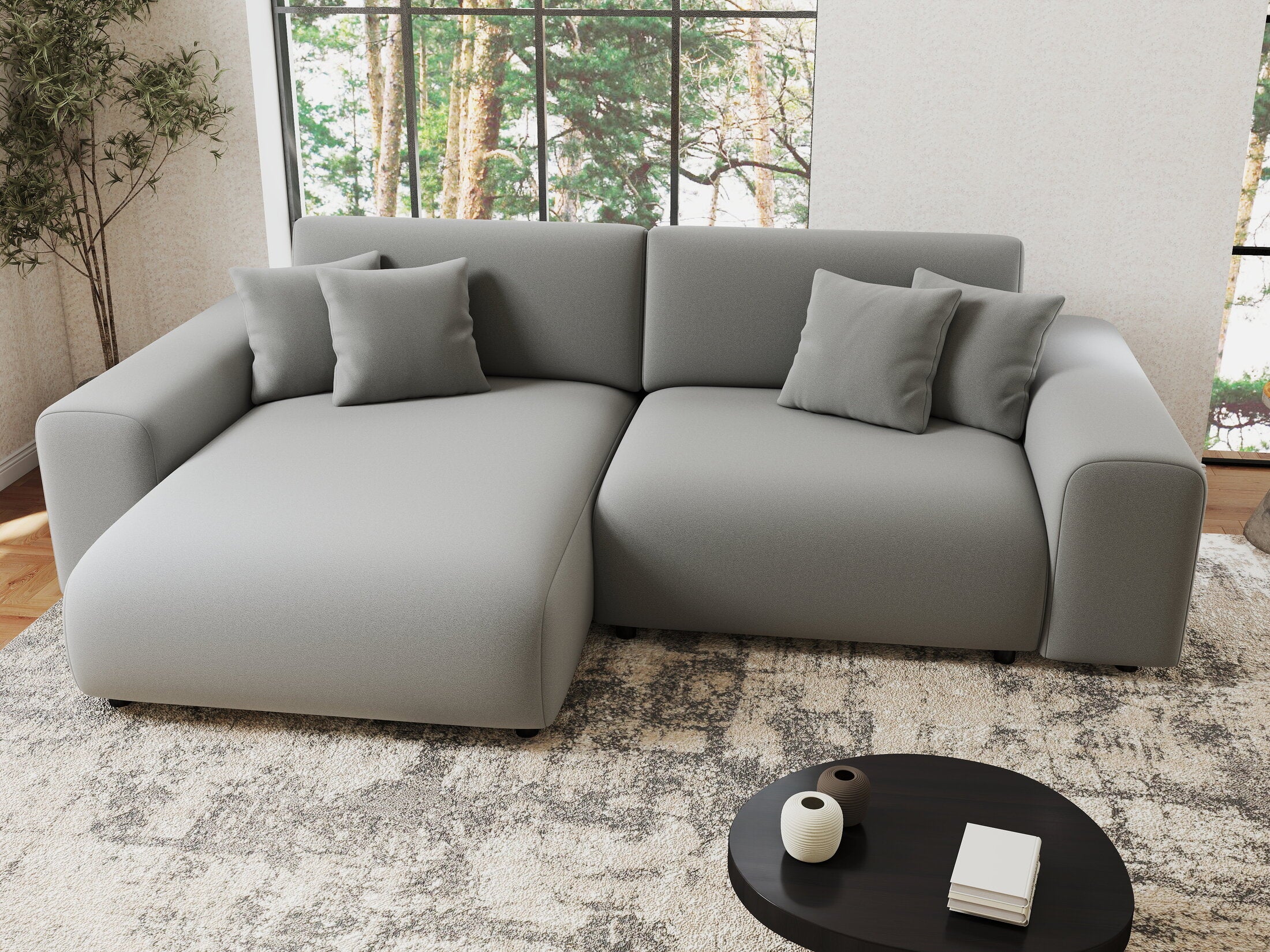 Colțar extensibil dumonde cu ladă de depozitare si sezut confortabil din spuma HR, Sarina Royal Gri 255x168 cm