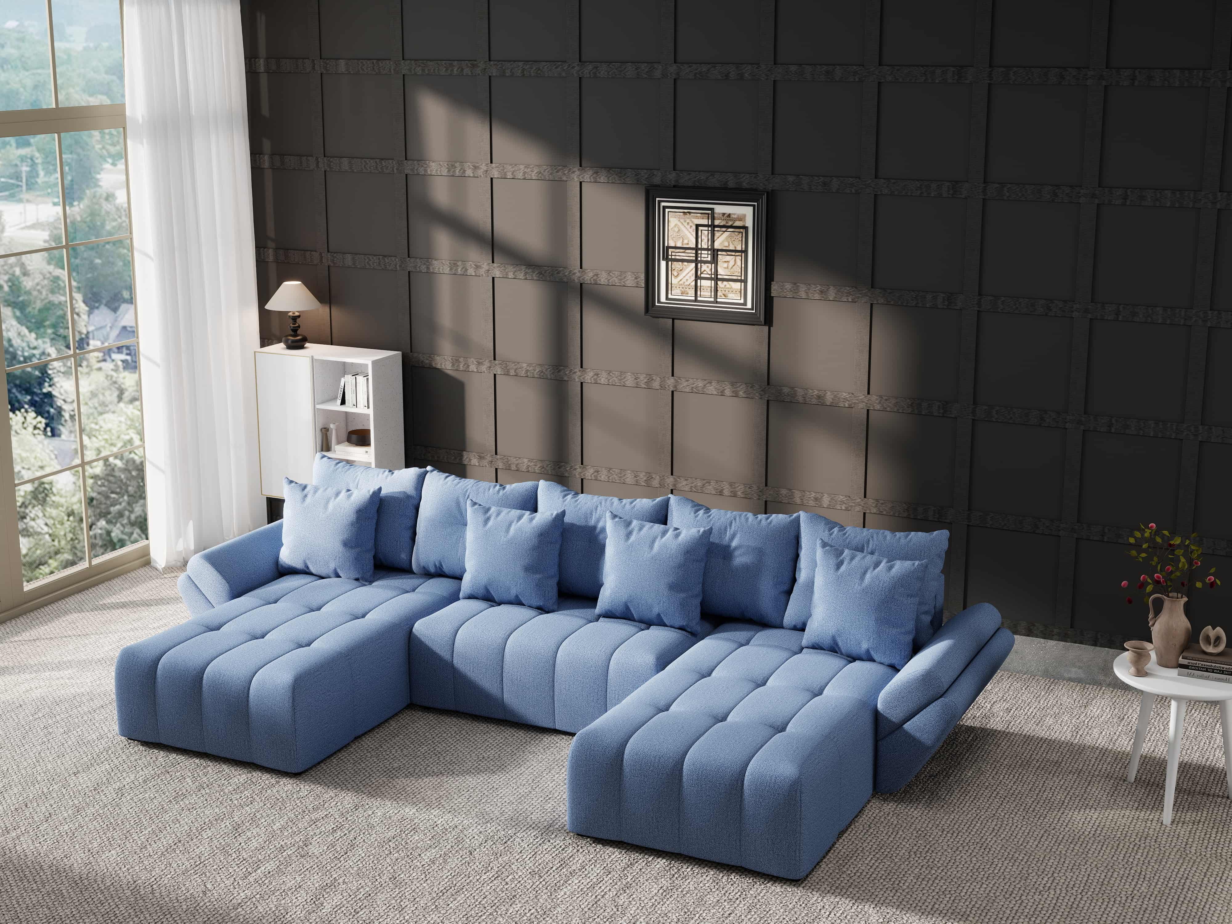 Colțar extensibil dumonde cu ladă de depozitare si sezut confortabil din spuma HR, Berlin U Enjoy Blue 380x180 cm Fabrica